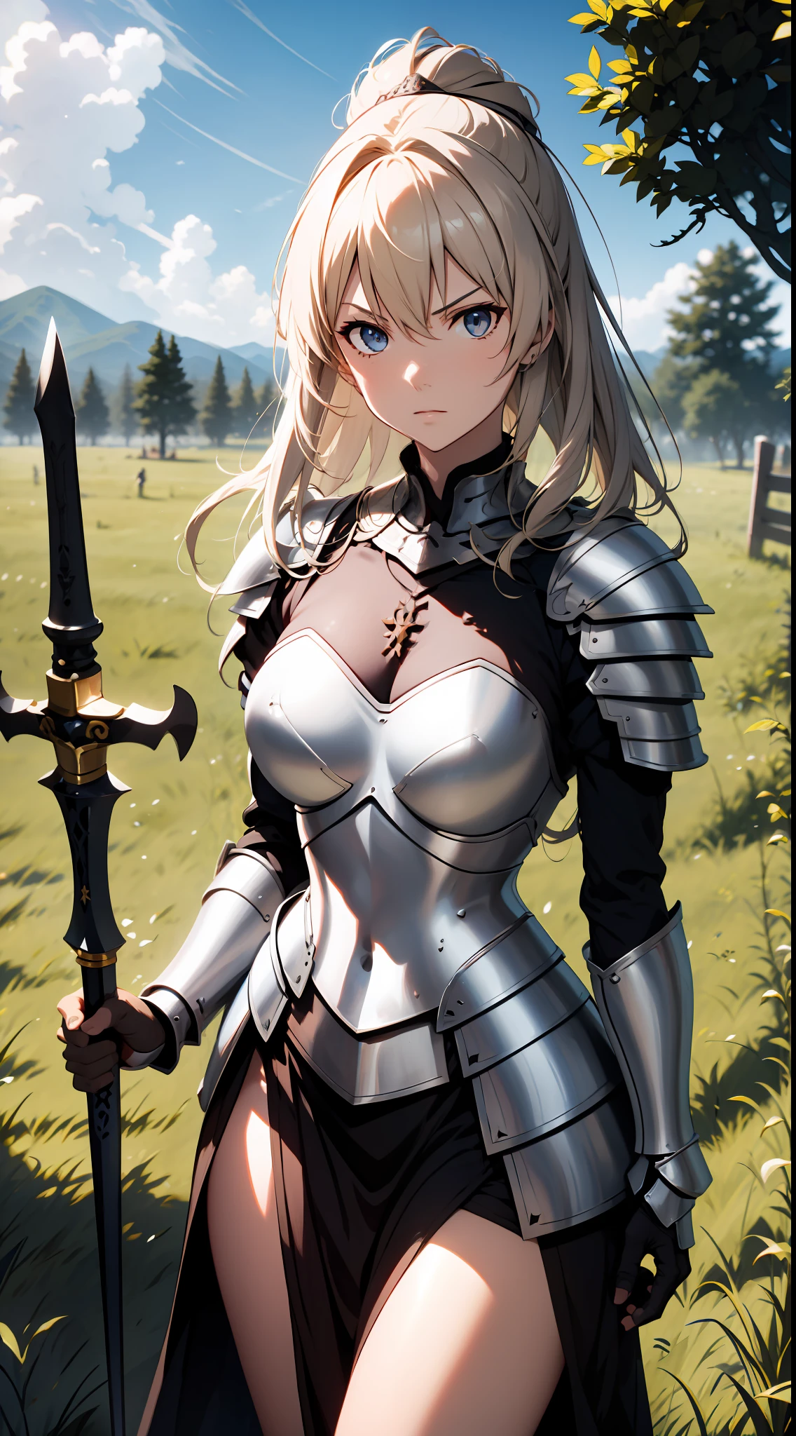 Jeanne D'arc Alter, fate, Joan of Arc Alt holds a black sword in her hand，Raise up on the battlefield, 8K, japanese anime style high resolution, Perfect hand, Perfect eye, A detailed eye, The detailed hand, Armor, Raise Hand, Screaming, Angry expression, 2D illustration , Blonde hair, midday sunlight, disrupt, medieval battle in the background