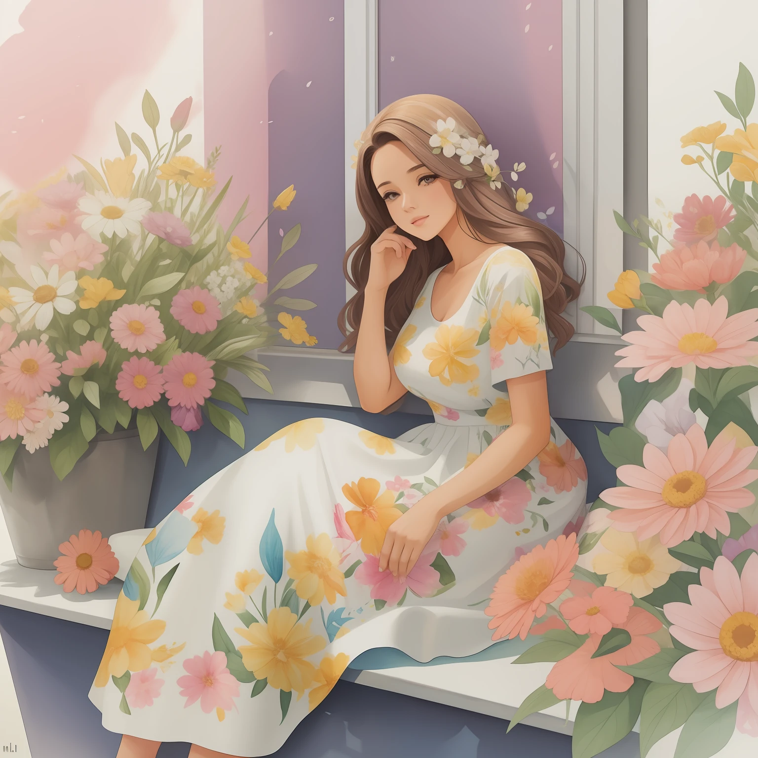 Pintura em aquarela de um mulher sentada em um banco com flores em volta ... mulher de vestido ... cabelos cacheados
