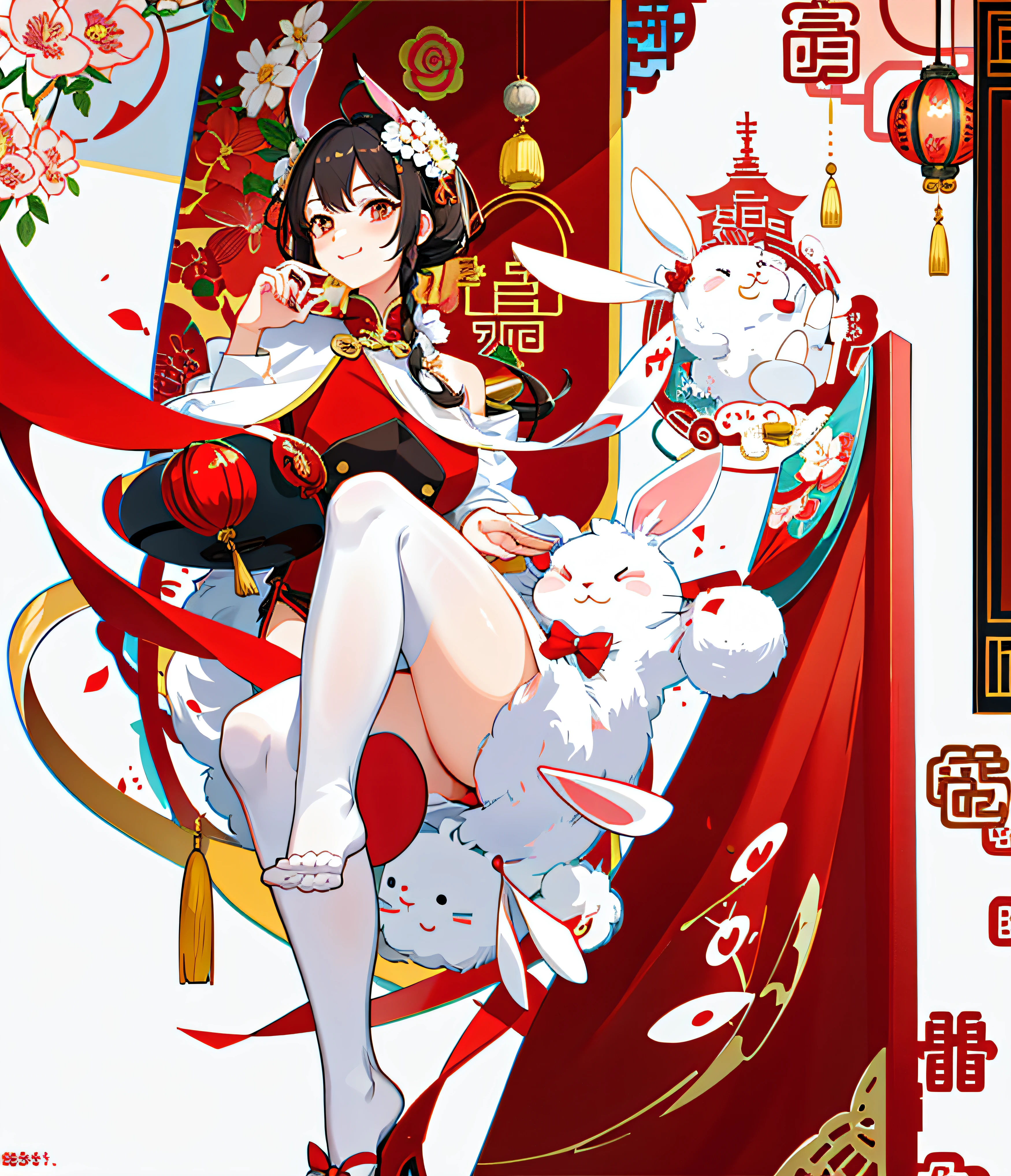 Happy rabbit with Chinese New Year decoration, cute anthropomorphic bunny, cheerfulness,Rabbit_Bunny, Rabbit,mascot illustrations, Cute detailed digital art,  Cute cartoon image of Chinese New Year, adorable digital art, anthropomorphic rabbit, Official illustration, red and white color theme