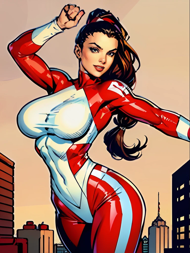 1girl, Stretcher the busty comic book woman, masterpiece, beautiful, high quality, high definition, superb quality, highly detailed, insane detail, sexy pose, posing for cameras, hands on hips, happy, smiling, jogging, bouncing breasts, long hair, huge ponytail, slim, thin, athletic, womanly, rubbery, elastic woman, (white and red spandex, white and red legs, tight top), rubber body, brunette, ((huge breasts, slim waist)), city, heroic, cheerful, (bold nose, hawkish facial features),