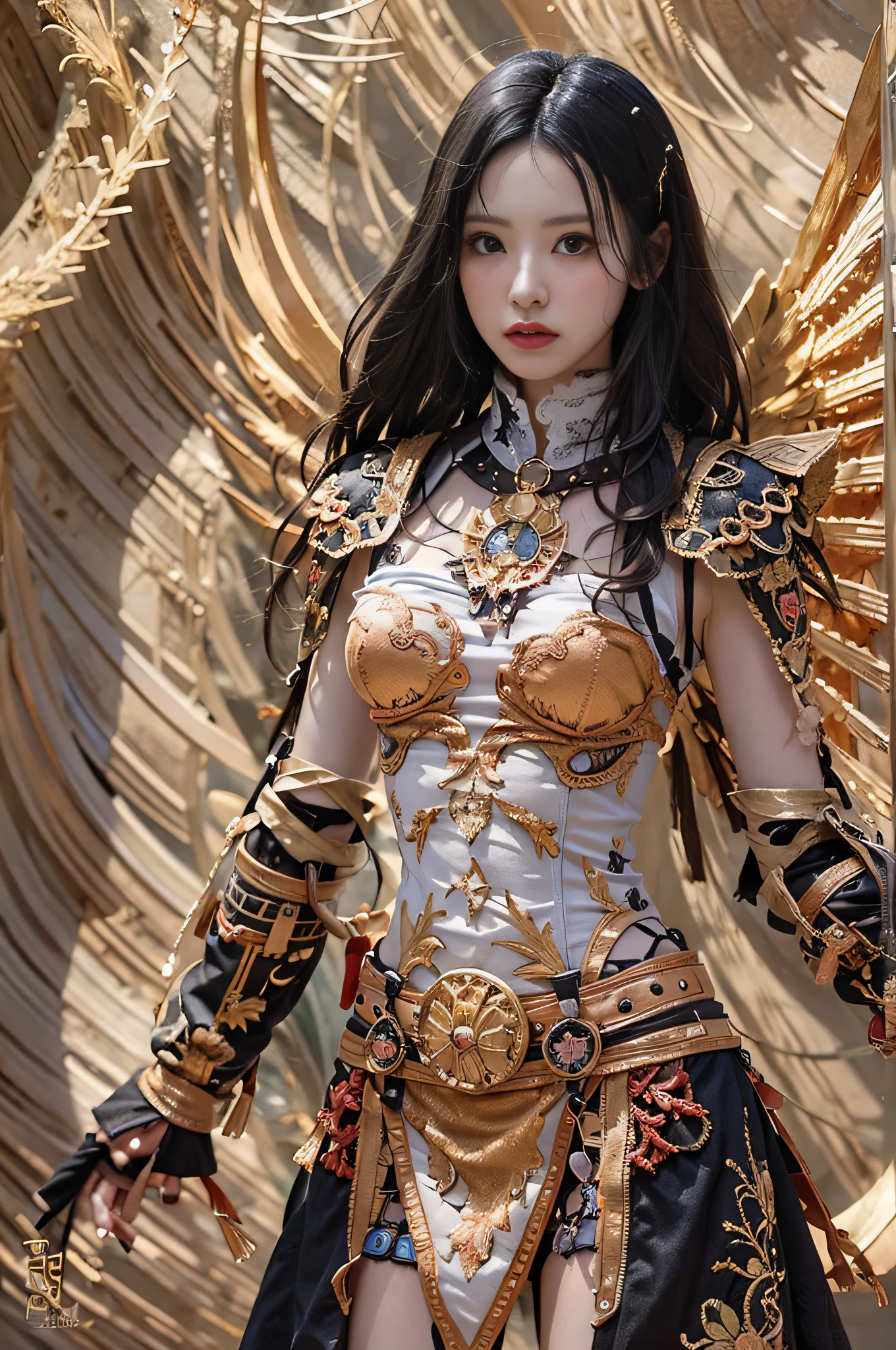 {Stunning female Egyptian angel}, Luminous Studio graphics engine, goth Renaissance, long black hair with golden stripes,,,,, Ether Gold Iris, skin tanned, Sharp diamond-shaped human face with perfect and detailed corners, gold, Ray tracing, Full lips, {Defined eyebrows}, crystalline, Glitter, Detailed background of the desert, White uniform, Sharp Focus, Perfect and accurate anatomy, Extremely detailed illustration, Approaching perfection, Dynamic, Intricate details, Ultra high definition, 8K resolution, Glamour, glimmer, Ethereal, {art by:ayami kojima}, {Fine Art:Heisei}, art stations, Aesthetic, Gothic, Lace, Concept art, Unevenness of the skin、((Walk facing the front:1.5))、Cowboy Shot、 Dreamy, Back lighting, Fantastical, shadowy,