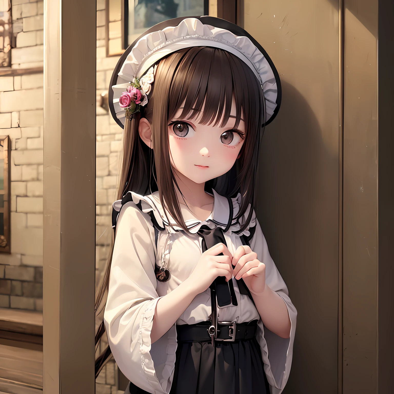 (masterpiece), best quality, ultra-detailed, extremely detailed CG unity 8k wallpaper。 The picture is mainly based on the touching loli girl, showing her cute eyes and delicate and beautiful appearance, full of cute loli style. The picture style is light, and it can also show a soft emotional atmosphere.