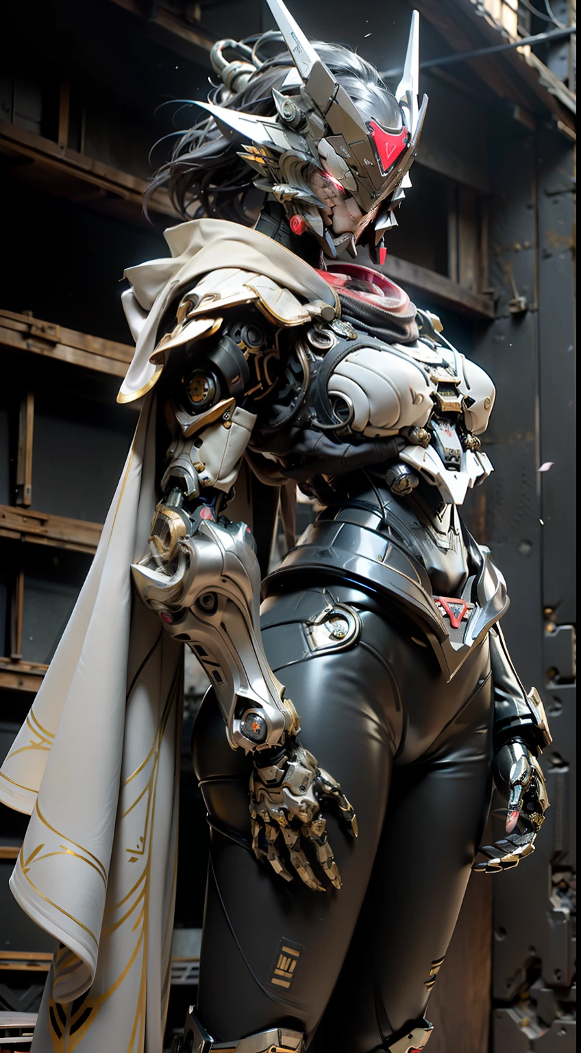 (Realistic: 1.2), (Realistic: 1.2), masutepiece, Best Quality, ultra-detailliert, very detailed illustration, Very detailed, intricate detailes, High resolution, Super Intricate Details, extremely detailed 8k CG wallpaper, (neons: 1.2), (Fiber optic body: 1.2), (Realistic metallic glow), cowboy lens, Caustics, Reflectors, Ray tracing, Valkyrie theme,Devil theme, ((Silver and red body,Red body)),silver,Kamen Rider,Gundam,nebulas, Dark halo, Network Effects, (1 girl: 1.4), Solo, Alone, Mechawood Sumui, Mechanical parts, Robot joints, Single robot arm, Head dress, Mechanical halo, Star Halo, Complex mechanical tights, mecha corset, Kimono, fully armoured, Red Eyes, Glowing eyes, Eye Track, Random expressions, Random movement, ancient japanese architecture, Ponds, Starry sky, sky line, ((Sexy, Colossal tits:2.7, Same as, Colossal tits:2.7, Same as, Colossal tits:2.7, low cut,bigtits,Accentuated cleavage,sideboob barbosa,perfectly proportions,Sensual female body,Overhanging udder)),城市,nighttime scene,(((Sensual female body:2.7,Overhanging udder:1.6、Sensual female body:2.7,Overhanging udder:1.6)))、((More feminine body:1.6))、cloaks