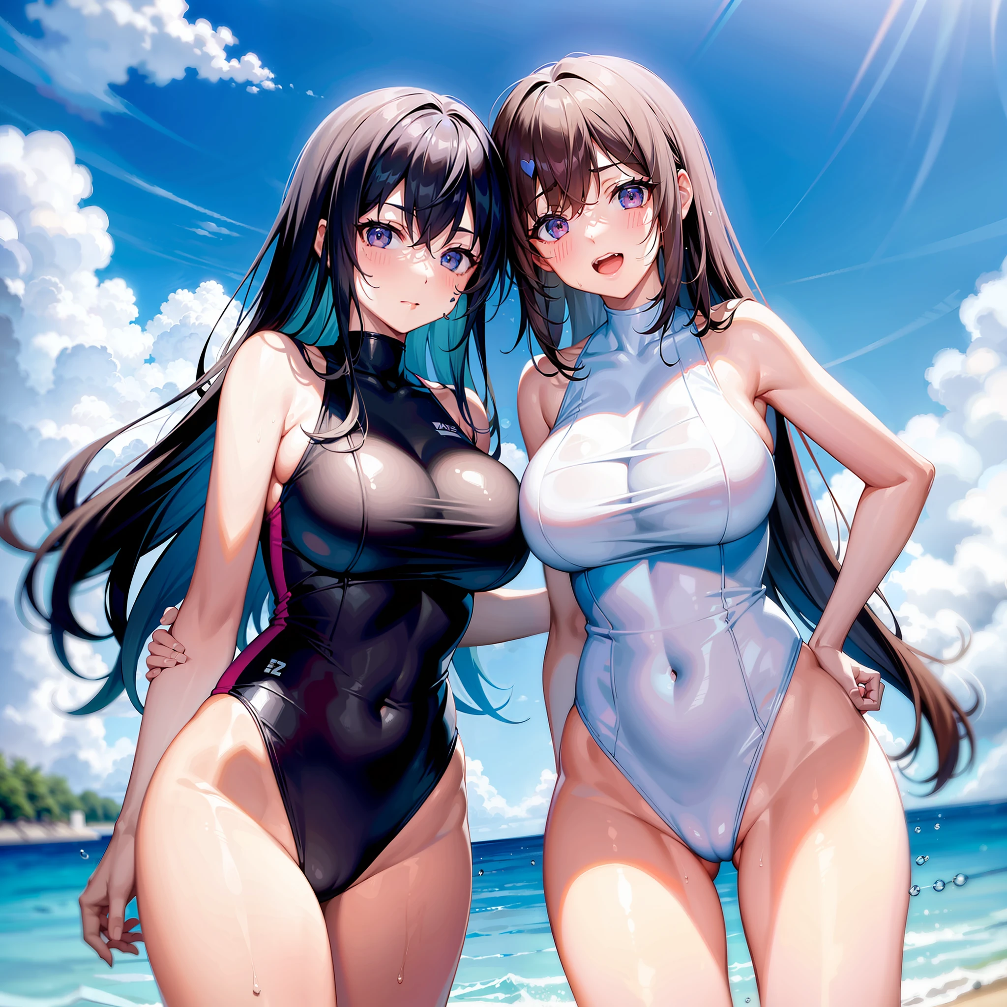 2girls,Extremely large breasts,Get wet,Sleeveless competitive swimsuit,Bare with thighs,Bare navel,High-fork swimsuit,Tattoo of a heart on the abdomen