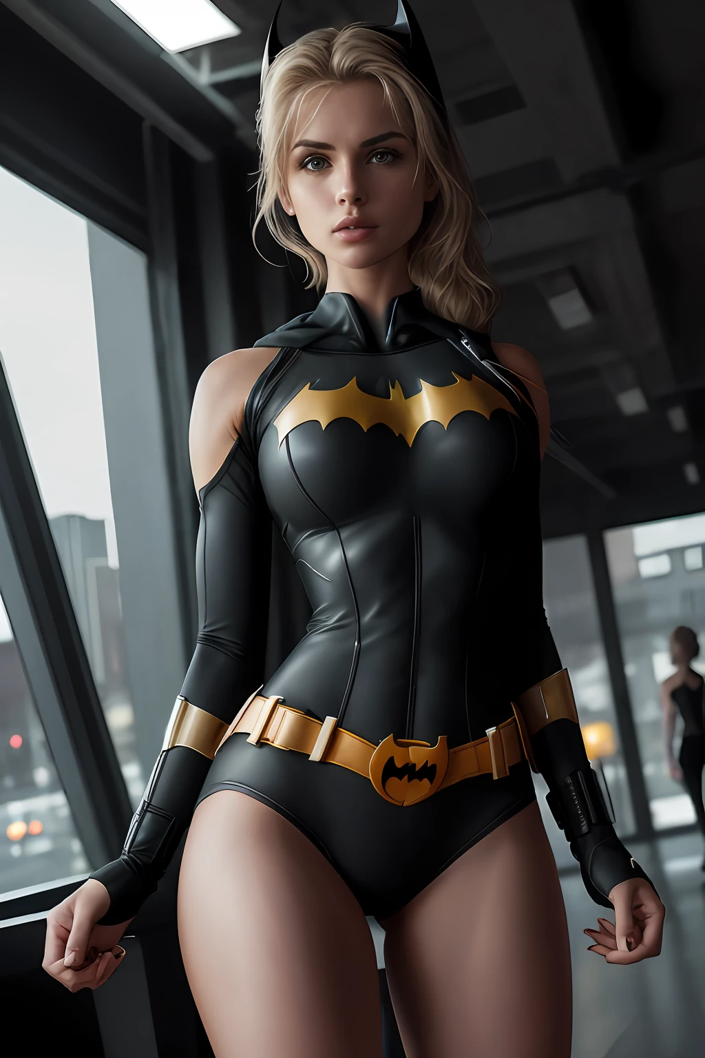 (Extremely detailed 8k wallpaper), a mid shot photo of batgirl, confident, sexy top, short top:1.2, calm, modern futuristic clothing, complex, highly detailed, and dramatic, cinematic lighting, bright scene, cameltoe:1.2, thigh gap, soft lights, large breasts:1.3, nsfw:1.2, fit girl, lean girl, dark gray clothes