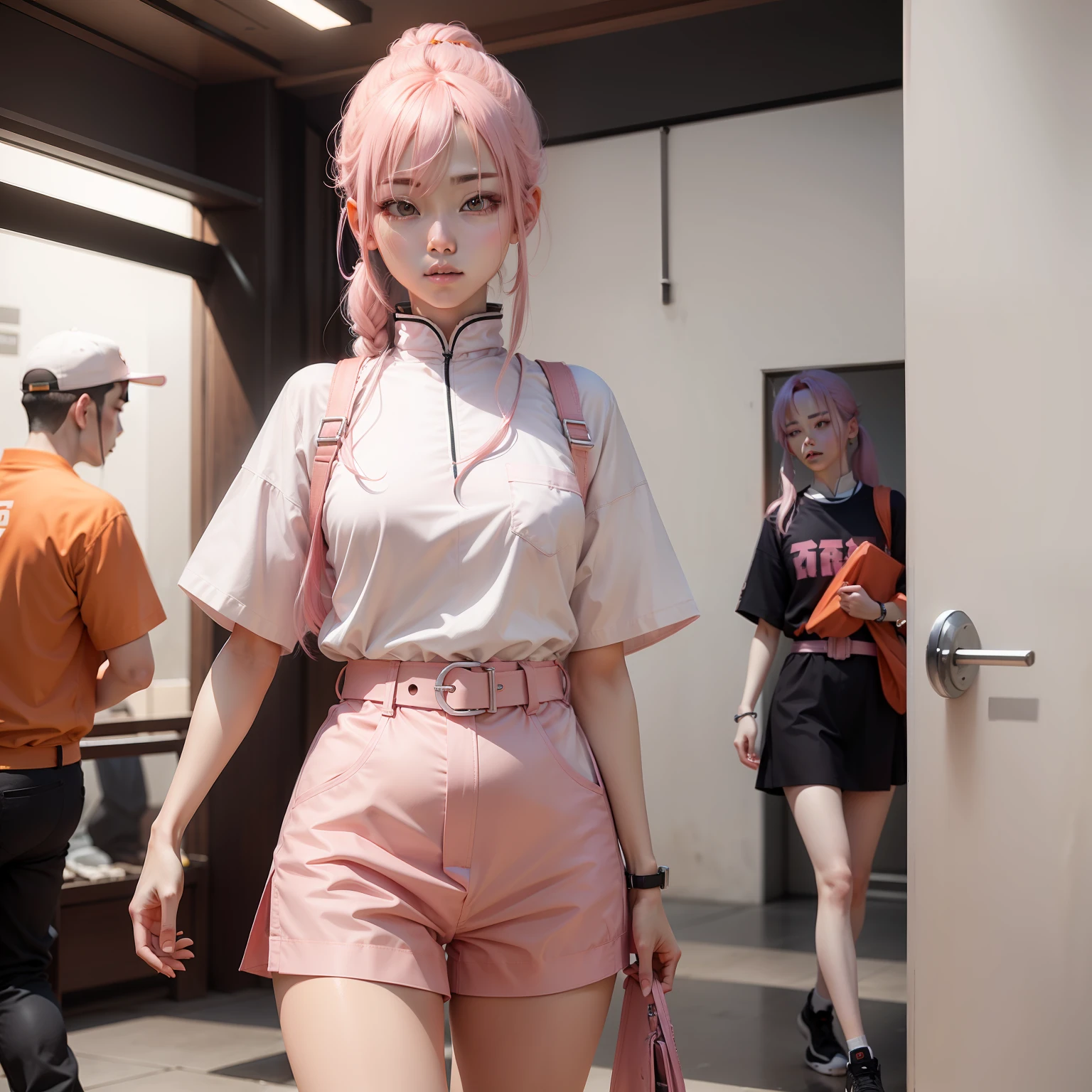 White belt with pink hair,Wearing pale orange clothes,The eyes appear purple。