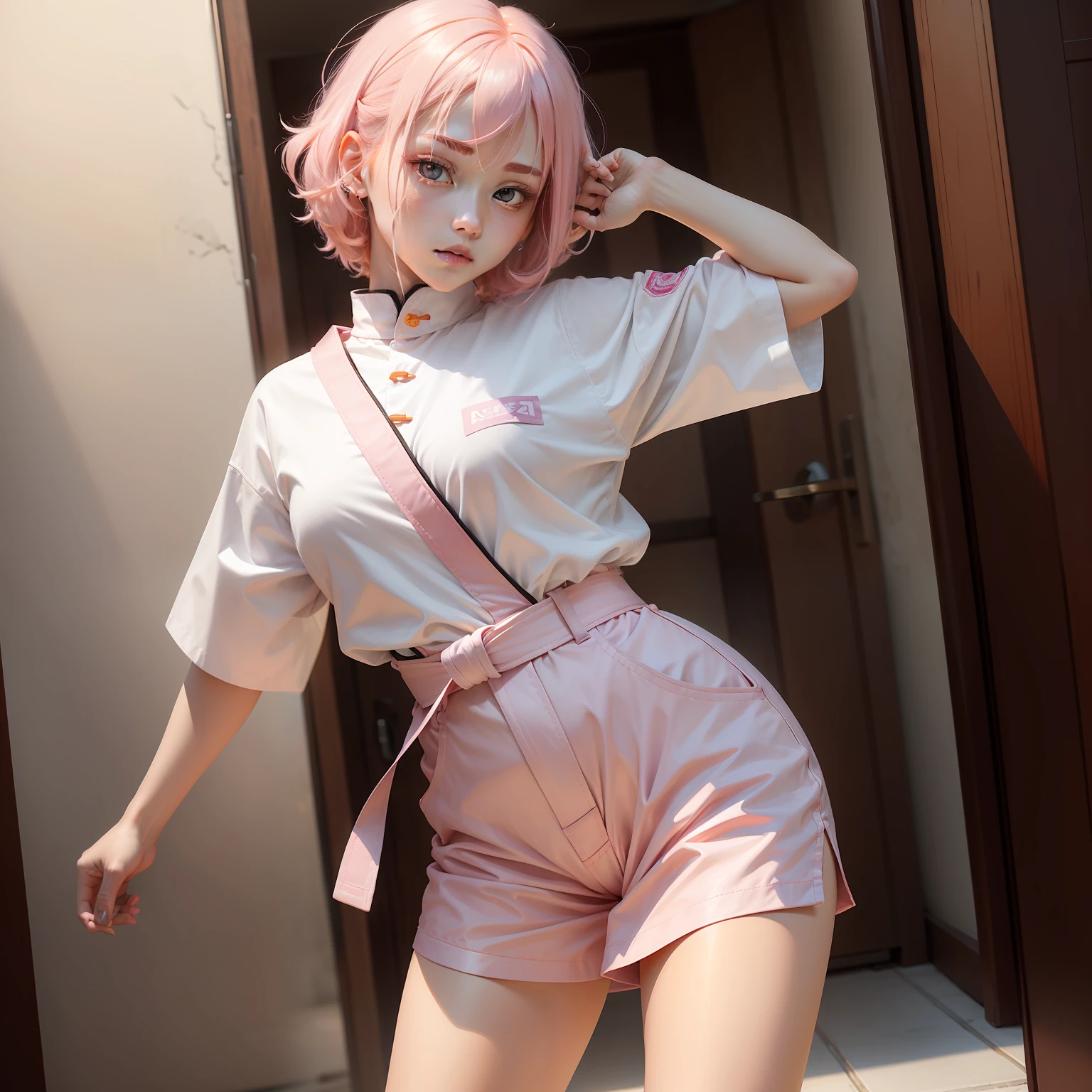 White belt with pink hair，Wearing pale orange clothes，The eyes appear purple。