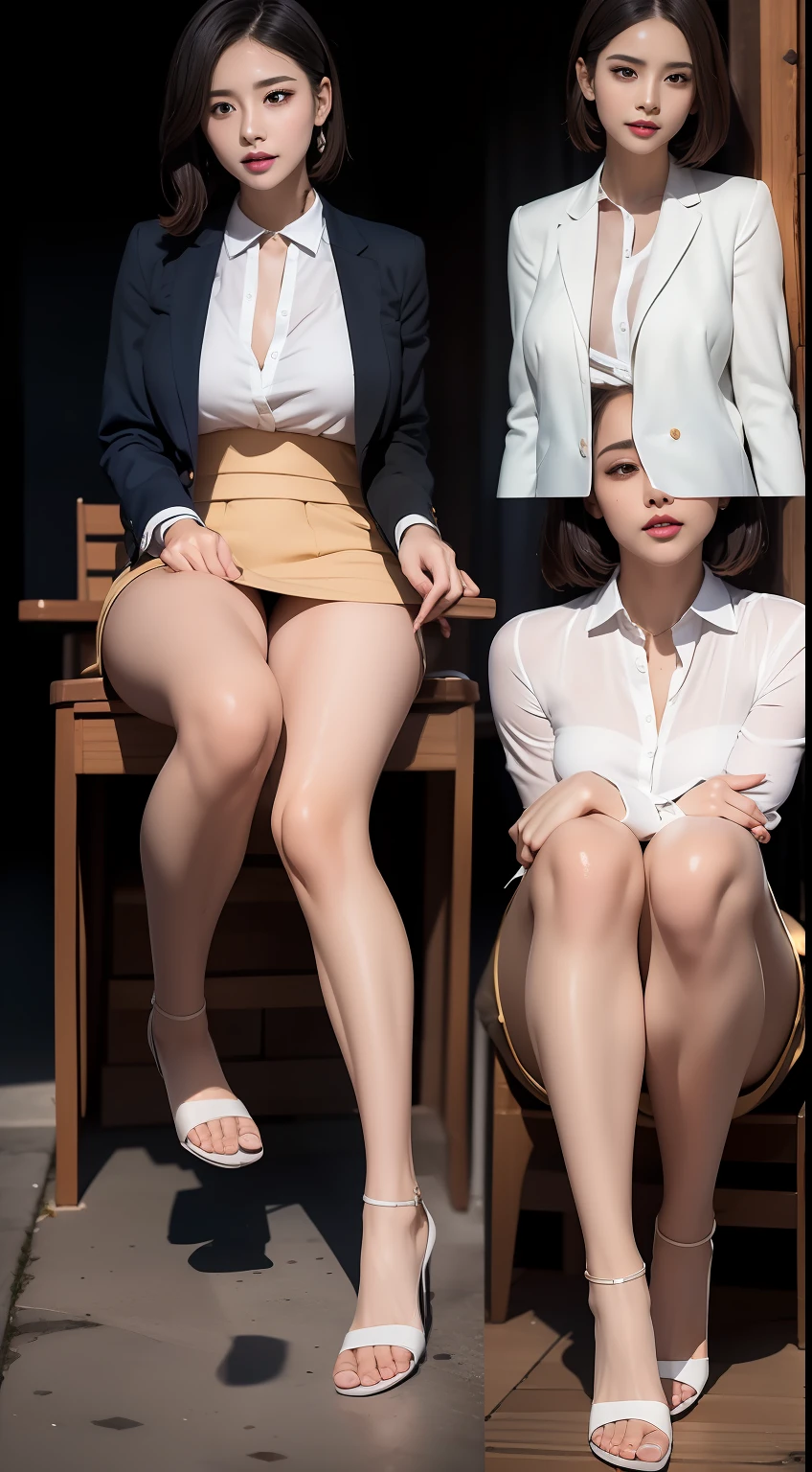 (Masterpiece:1.2), (Best quality), (Full body like:1.3) ,(Ultra detailed), (8K, Intricate), (Lens 135mm,F1.8), (Photorealistic)(Black background:1.3), Portrait photography,(dynamicposes),Side lighting,Edges are lit,Best shadow,Area light source,Perfect anatomy,Perfect face shape,Perfect for women,First-class female body,Refines skin texture,Fine cloth pattern,Meticulous beauty,Delicate and delicate skin,highlydetailed skin,paleskin,Delicate hair,glistning skin,top Quority, realisticlying, 8K, k hd, 1 rapariga, Female pervert, (Full body like:1.3), schools,痴女, blazer jacket, 校服,Visible nipple, with no underpants, The skirt is boldly pulled up, ((sit on chair,legs are open)), bend the knees and open the legs, The hairstyle is slightly shorter, Open your legs by grasping your knees with your hands, Buttoned shirt flutters