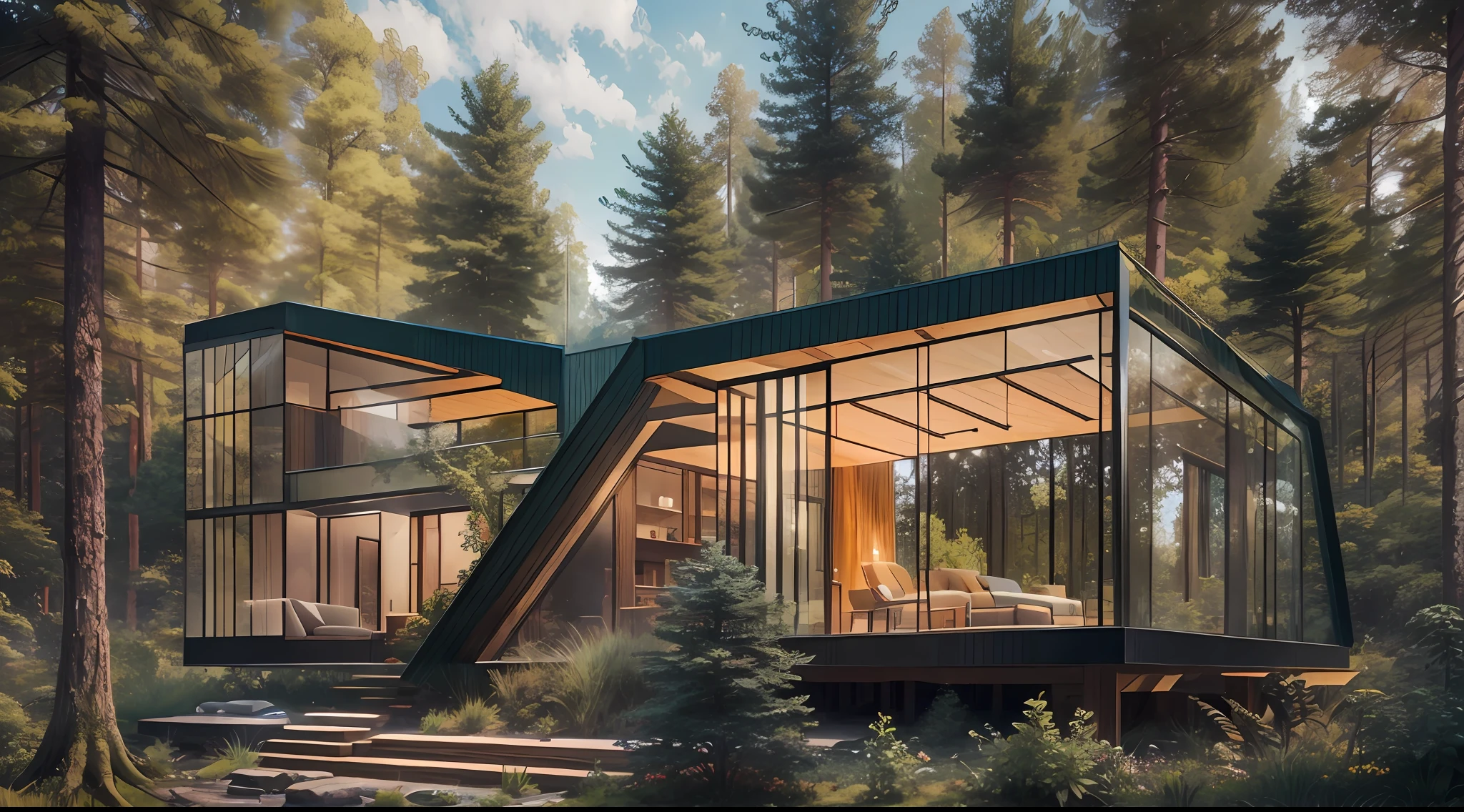 Glass villa in the forest,Real people