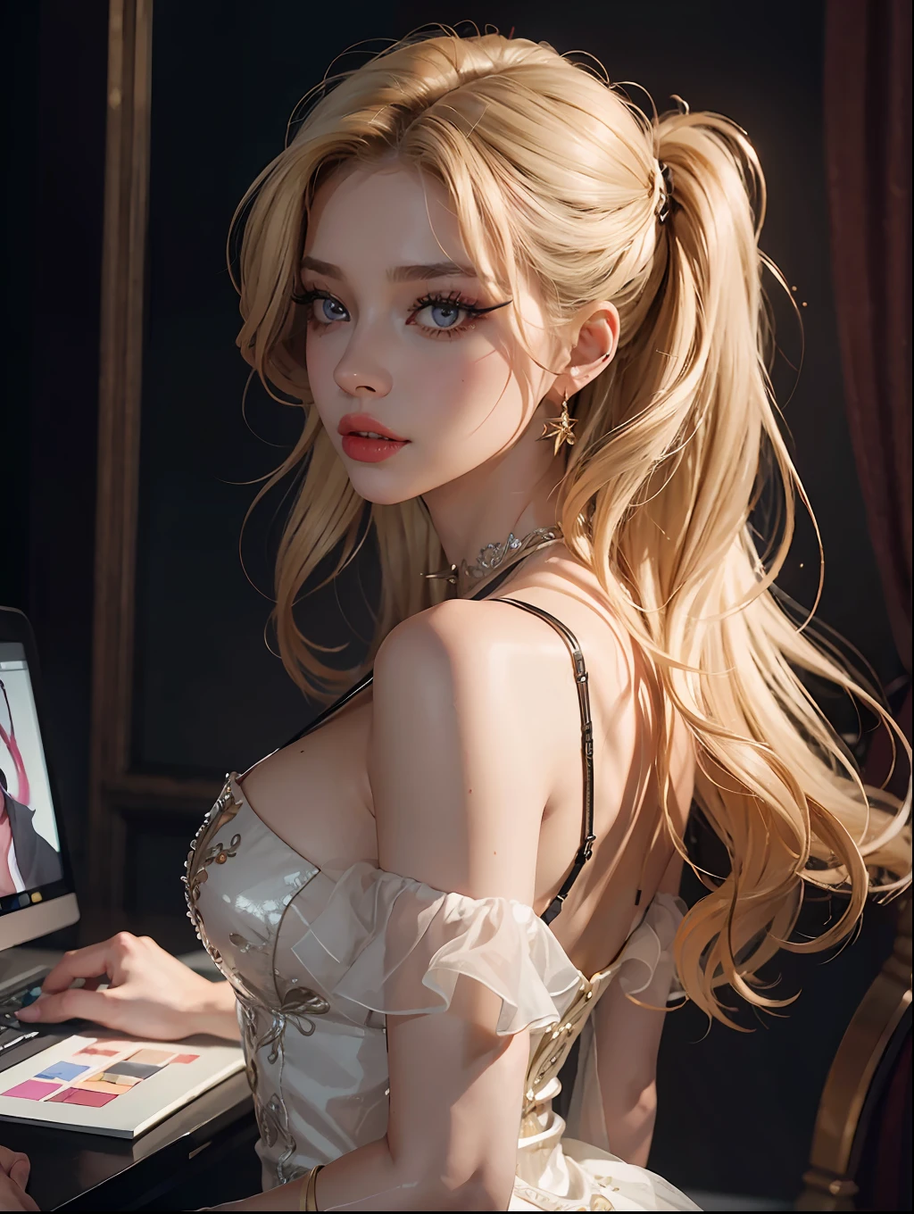 （tmasterpiece：1.2）， （best qualtiy：1.2）， perfect  eyes， s the perfect face， Volumetriclighting， 1girll， Now sexy and mature， ， gossamer dress，Clothes open， blond hairbl， pauldrons， Top employees， stern expression， fanciful， exteriors， detailed back ground， putting makeup on， lipsticks， eye shadows， mascara， thick eyeslashes，full bodyesbian，embarressed，