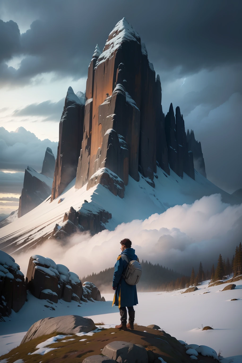 Crie uma imagem ultrarrealista de Davi, em meio a uma tempestade nas montanhas. It takes shelter under a rocky ledge, segurando sua harpa com cuidado, protegendo-a da chuva. O vento uiva ao redor dele, But his calm and serene expression shows his unwavering faith, mesmo nos momentos de adversidade. As nuvens escuras contrastam com as picos das montanhas, representing divine strength and protection in the midst of the storms of life.