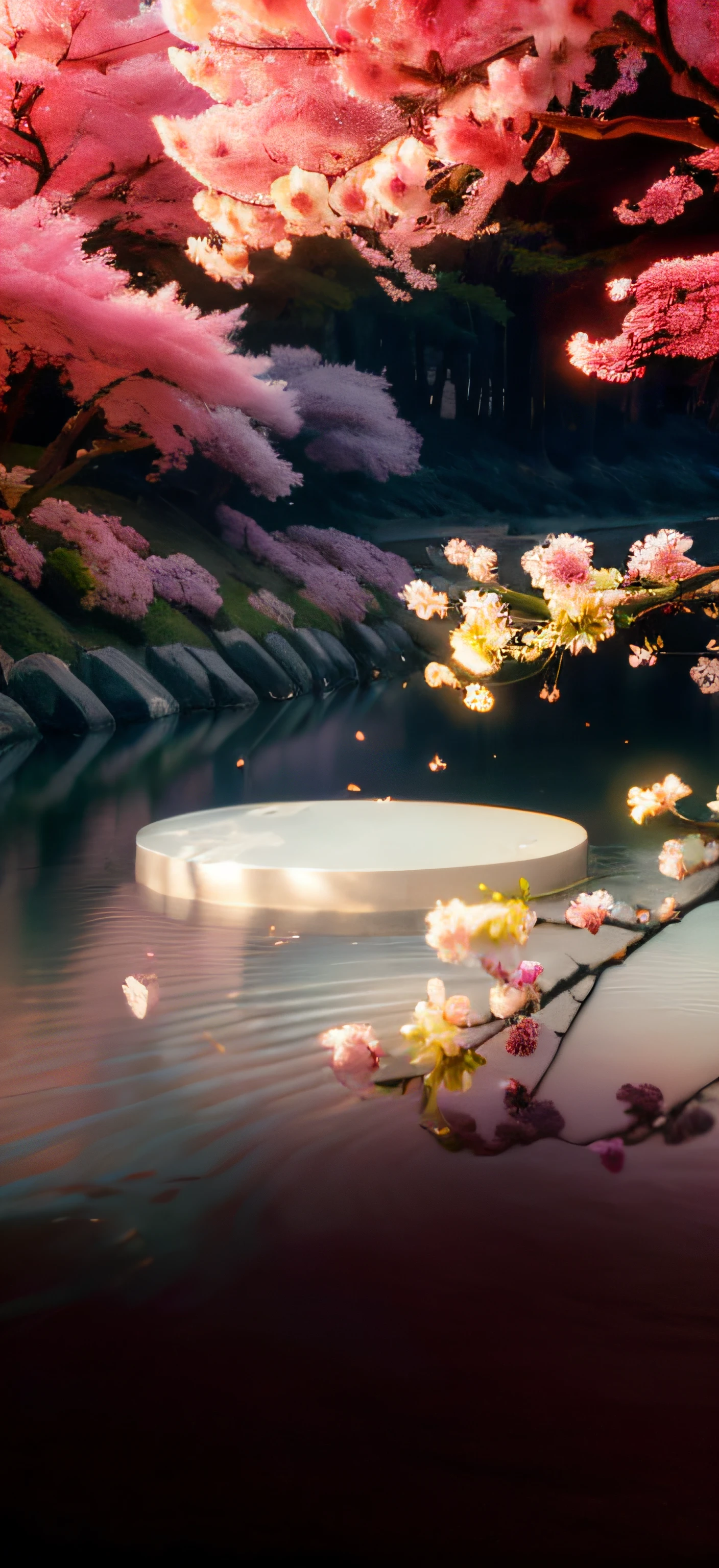 There is a picture of a beautiful cherry blossom tree,There is a white plate on it, sakura season dynamic lighting, flowing sakura silk, lush sakura, Japan. voluminetric lighting, flowing sakura-colored silk, sakura petals around her, falling cherry blossoms pedals, falling cherry blossom pedals, Cherry blossom forest, sakura season, falling cherry blossom pedals, falling cherry blossoms pedals, sakura season dynamic lighting, japonisme 3 d 8 k ultra detailed, 3 d stylize scene, surreal waiizi flowers, pop japonisme 3 d ultra detailed, floral environment, backside of scenography elements, flowing sakura silk,green leaf,yellowflower,Red flower,designs,red colour,Romantic,Flooring,platforms,Impresionismo,Van Gogh,Red flower,tree branch,branches,k hd,high-class,atmospheric scene,Stage,ventania,Snowflakes fluttering