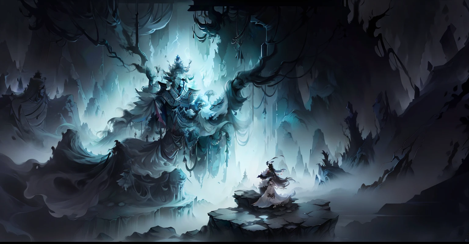 A wall and so on，A man and a woman sitting on a cliff, A fox-headed woman，fox family，dead tree，Cloud fog，Abyss，Fantasy world，Dry bones，deep mountain，Ghostly，Huge thousand-year-old tree，eerie，Diffuse clouds，Only the legs of the fox stick out from the wall，tmasterpiece，4K，超高分辨率，