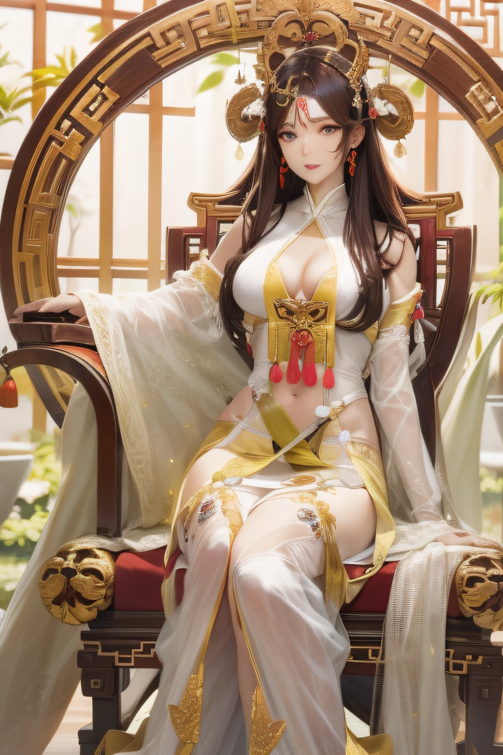 A beauty incarnated by the nine-tailed fox,Immortals,Sit on the treasure chair,brunette color hair,Chinese elements,Delicate facial features,Supple skin,Delicate hair accessories,Sexy figure,long leges,Lingerie transparent,4K effect