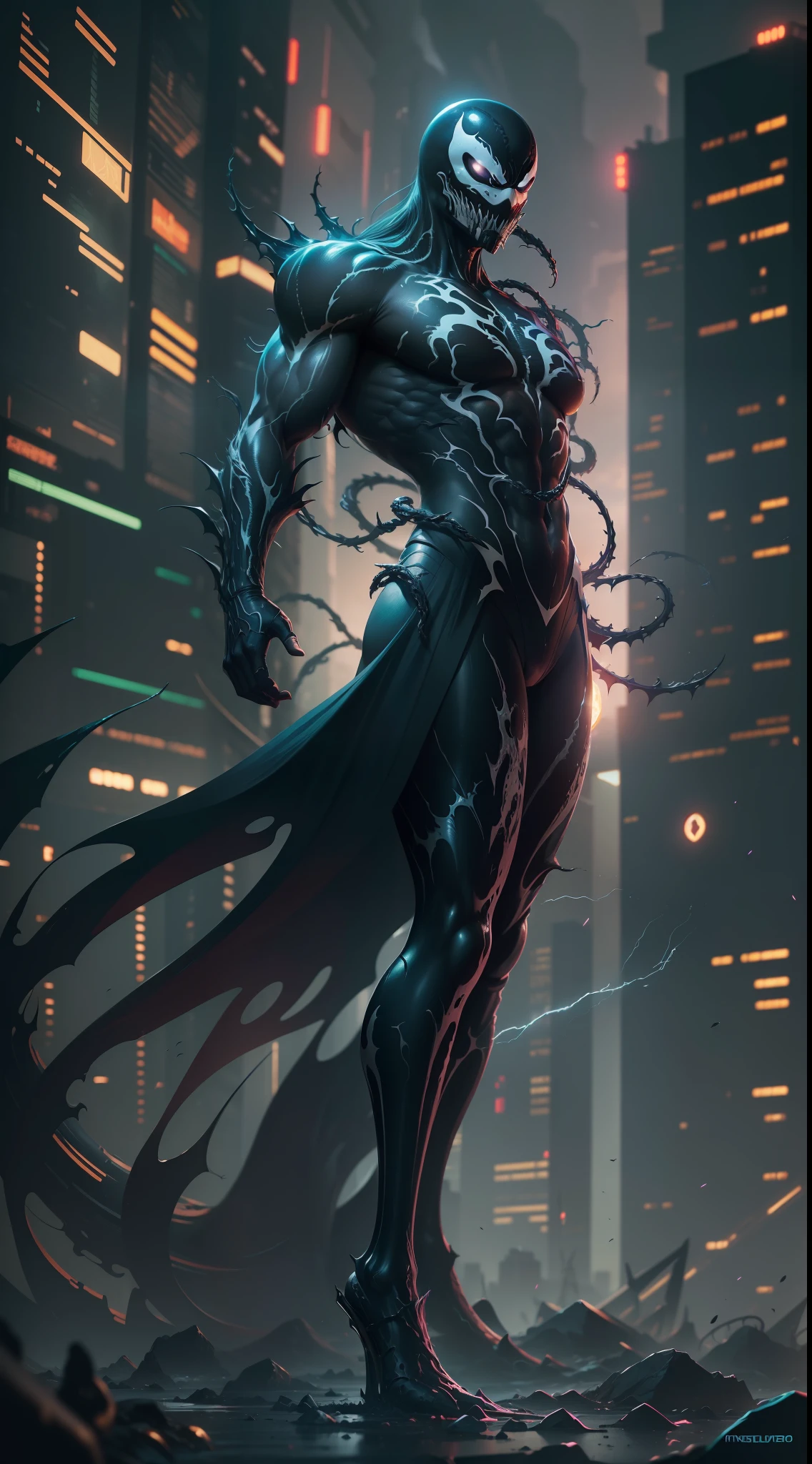 ((obra maestra impresionante)), (Ultra resolution 8K, striking illustration of Venom symbiote, traje cyberpunk, Hetera illustration, Dark lighting, Spectral illumination