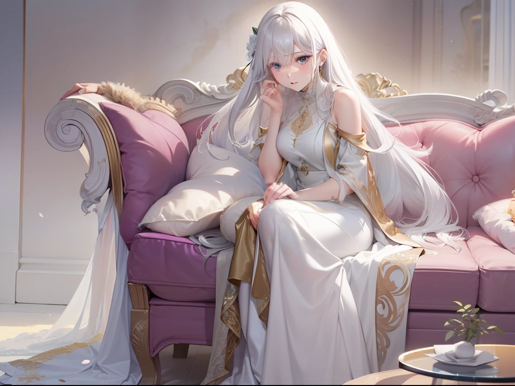 Best quality, tmasterpiece, A 40-year-old woman with long silver-white hair, Dignified temperament, Wear a long white dress, The expression is majestic, sitting in the couch