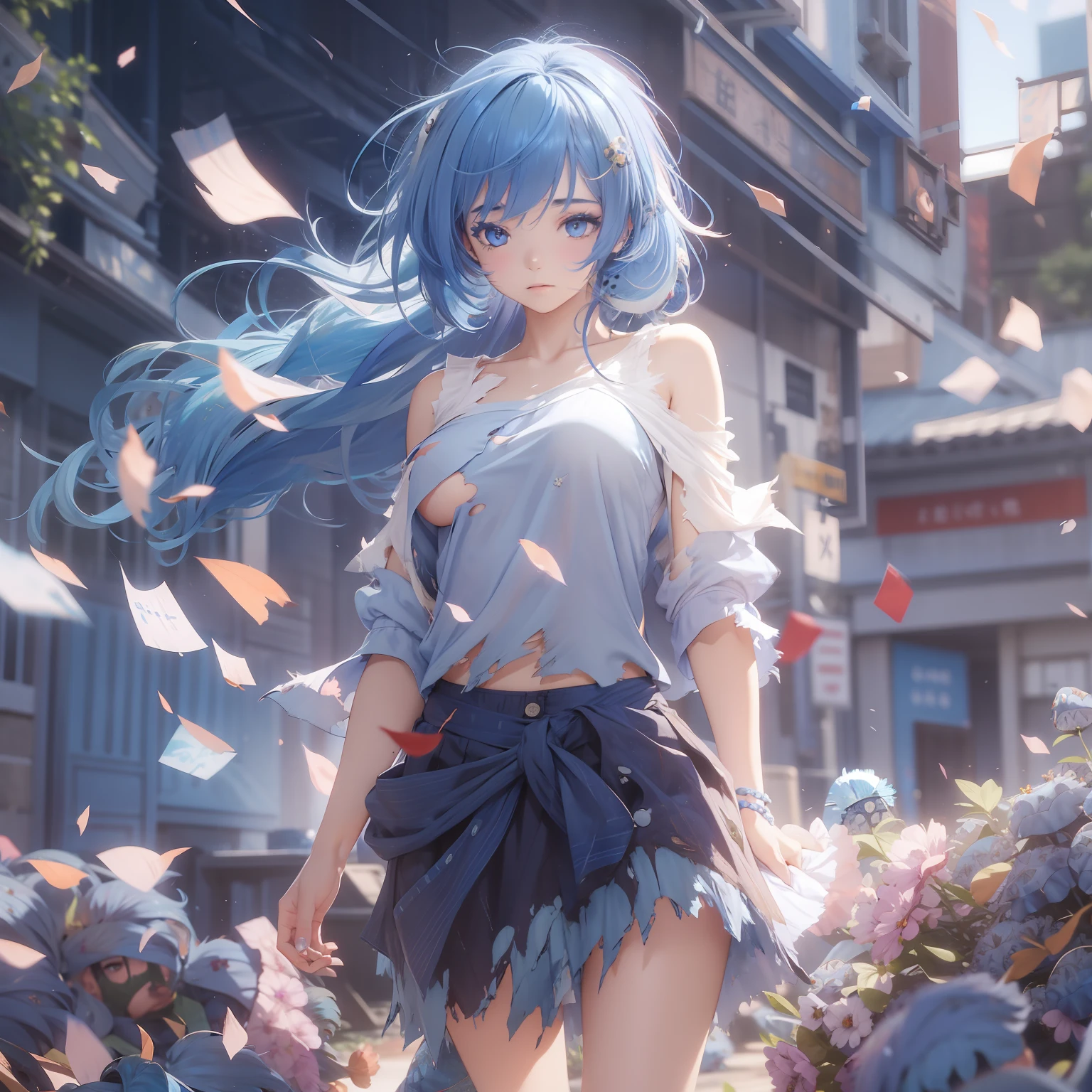 top-quality、Photorealsitic、8K、hight resolution、1girl in、femele、(Skindentation)、(large full breasts)、(profetional lighting、bokeh dof)、(a street)、(flower petals、many:0.6)、Sad face、fansty world(natta:1.2)、(Blue hair:2.0)、(Torn blouse:1.5)、(Portate:0.6)、tatteredclothing、Damaged clothing、a gorgeous、Torn clothes、Clothes torn、bloom、(Floating hair)、(light particules、lensflare、Luminous particles:0.6)、(dynamicposes:1.2)、softlighting、