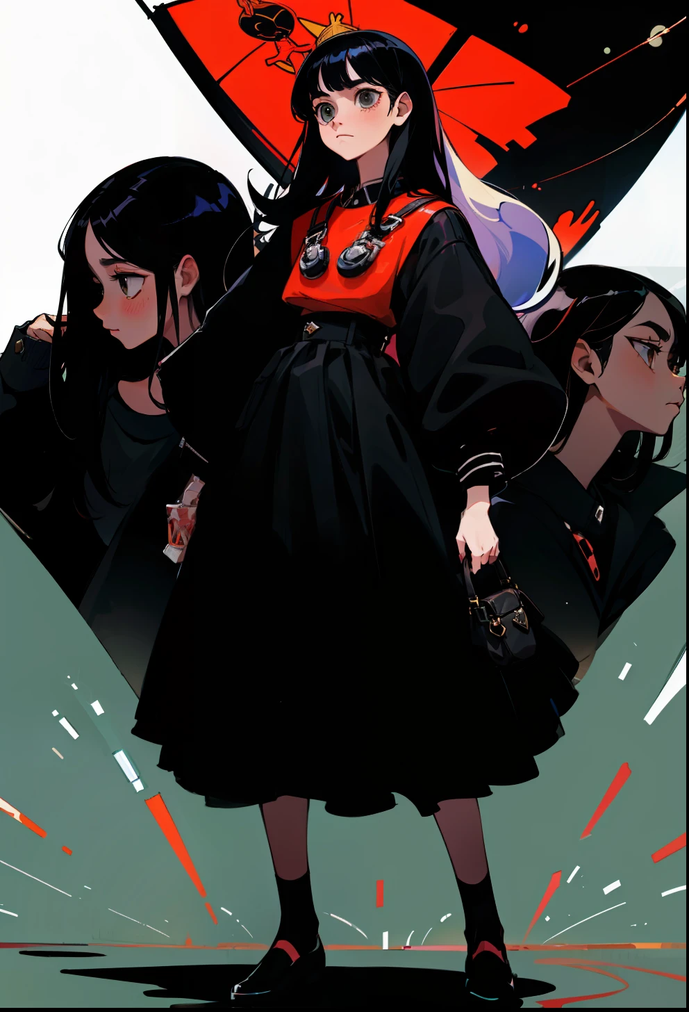 Black hair, 1Girl, Prada Clothing, stand up, Straight hair