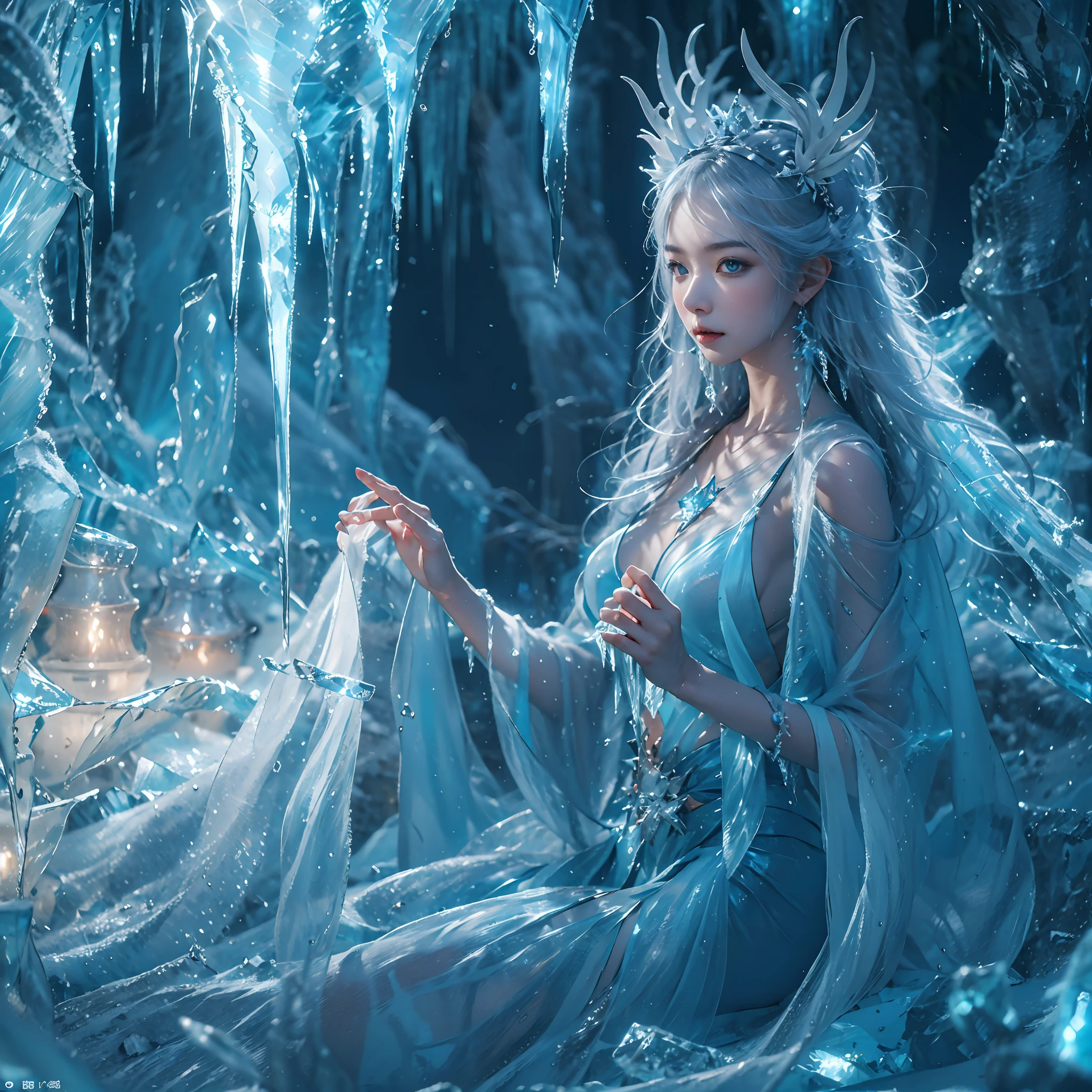 (((1girll)))，Imperial water，A magician，（Loose dress：1.5），（Perfect facial features：1.4），（Blue silk robe），（Mysterious magic formations：1.2），Blue glow，（Frost wings），(((Powerful ice magic)))，(((Icicles)))，Towering over the landscape，Blue light cold light，(((Ice storms)))，Wind，((Flying snow ice and snow))，Amazing results，,best qualityer,tmasterpiece,超高分辨率,finely detailled,Complicated details,8K分辨率,8KUCG wallpaper,hdr,water blue,Magic Array,Cinematic lighting effects,lightand shade contrast，Ray traching、NVIDIA RTX