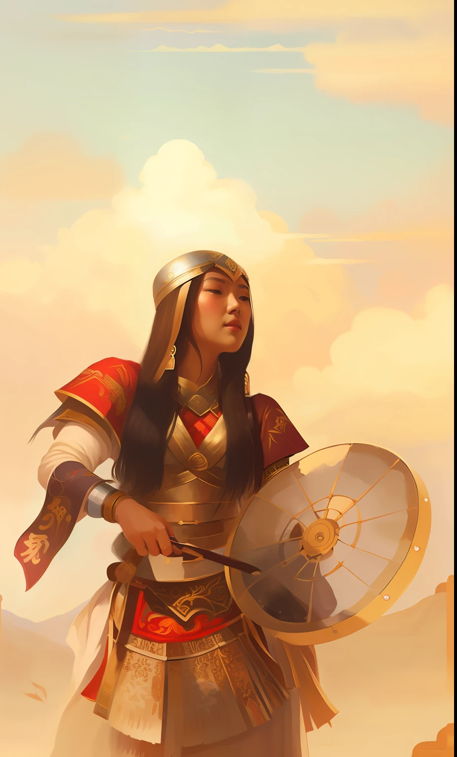 Picture of a woman in her own dress, holding a fan and a fan, Beautiful warrior woman, artwork in the style of guweiz, Warrior princess, Northern Warrior Woman, artgerm and atey ghailan, beautiful character painting, Warrior Woman, warrior girl, female warrior, Beautiful warrior woman, chinese warrior, Young woman as Genghis Khan