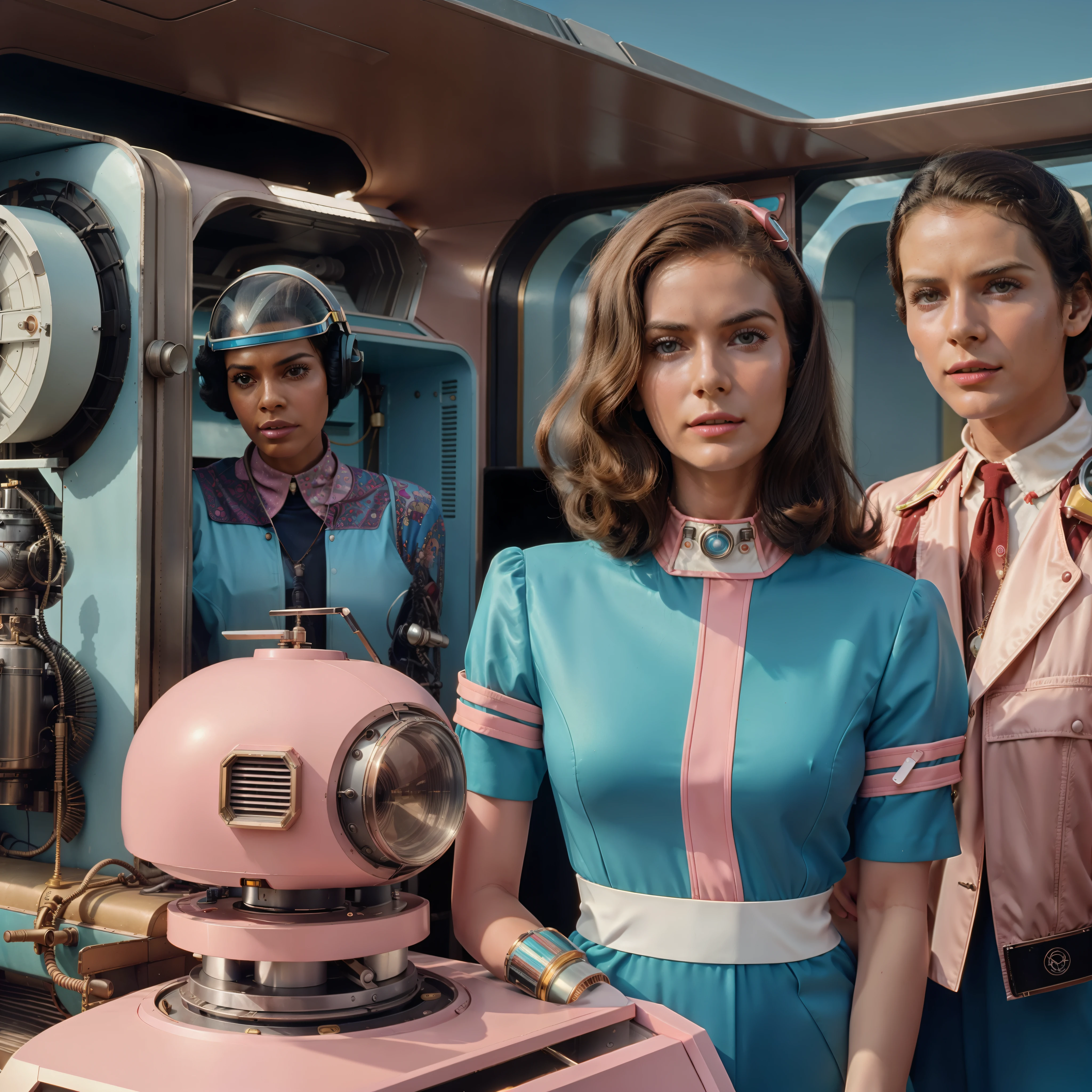 4k image from a 1970s science fiction film, imagem real, Estilo Wes Anderson, pastels colors, a man between two women wearing retro-futuristic fashion clothes and futuristic technological ornaments and devices, Luz Natural, cinemactic, Psicodelia, futurista estranho, retro-futurista,