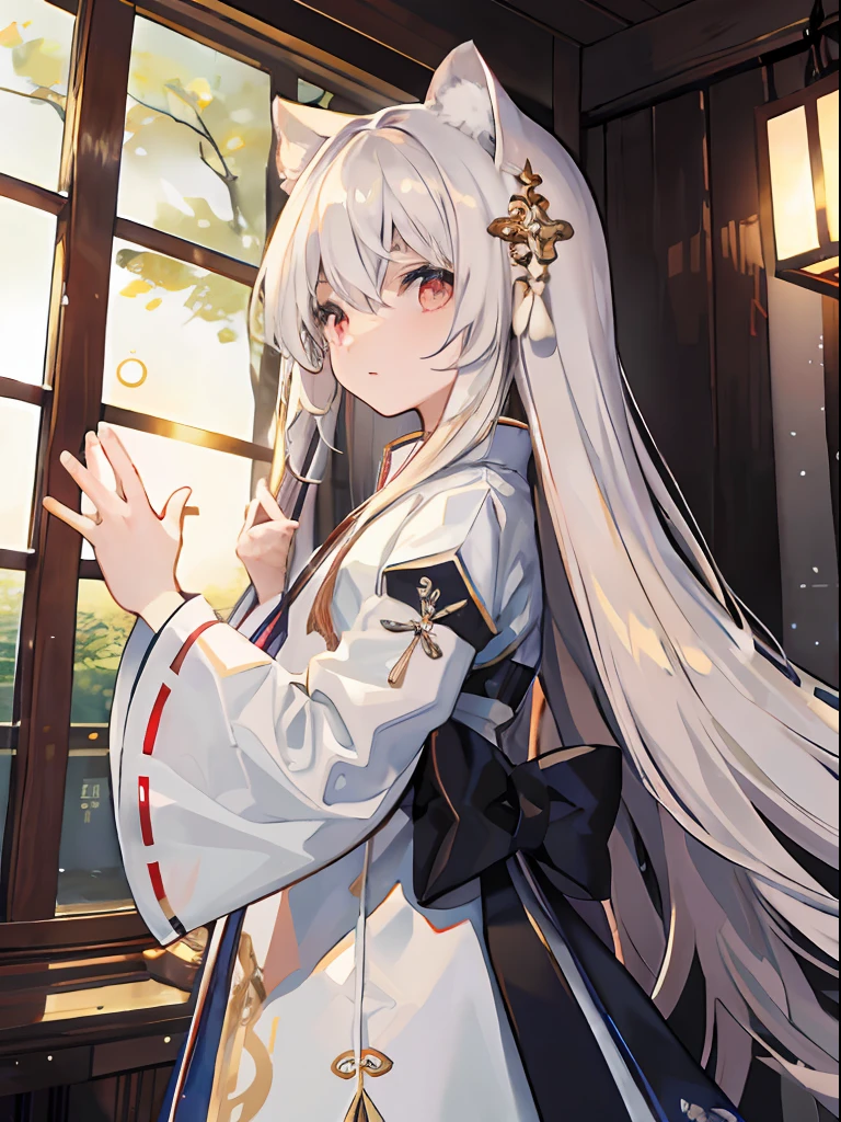 Need,tmasterpiece,A high resolution,,exquisitedetails,A high resolution,Wallpapers,(1 man),独奏,Manteau blanc,hair adornments,Handsome, long whitr hair, A brown-haired, trinkets, longer sleeves, Raise Hand, Wide sleeves, Big eyes, Fluttering, ( Hanfu), Embroidery, Robe, natural poses, inside in room,Lanterns,16k,hdr,A high resolution,depth of fields,(filmgrain:1.1),Bocoon,prime time,(lens flare glow),Vignette,rainbowing,(Color:1.5),salama