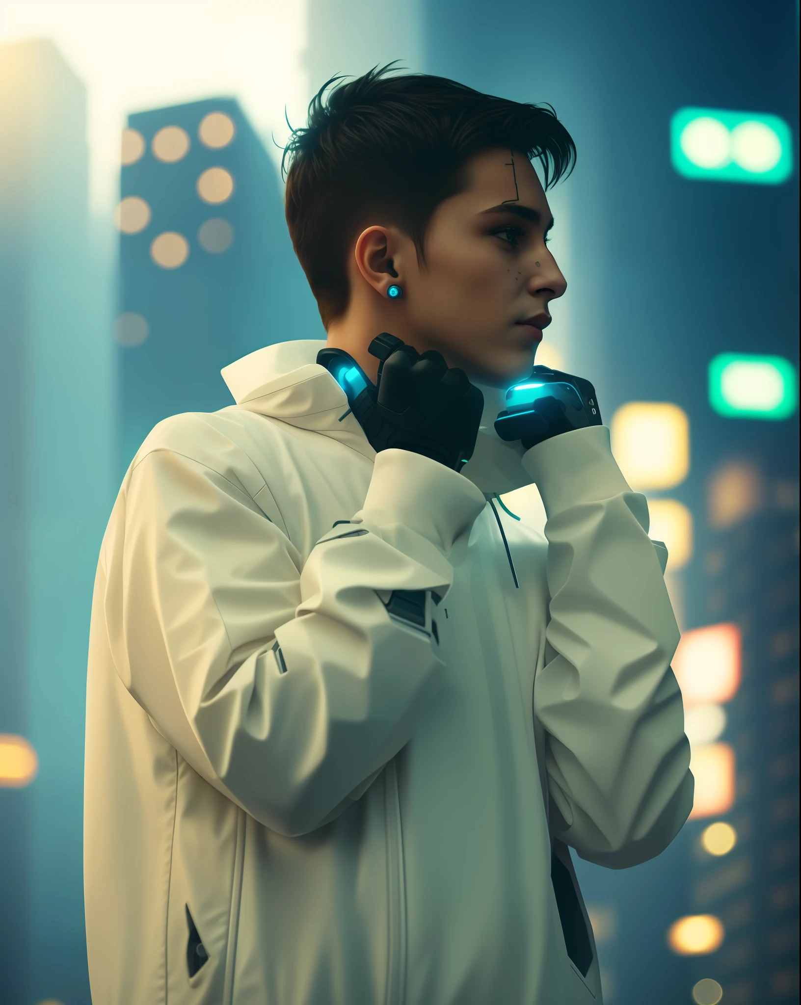 Cyberpunk city , left hand robotic , little  robotic scars on chick ,ultra quality image , 8k wallpaper,  handsome boy