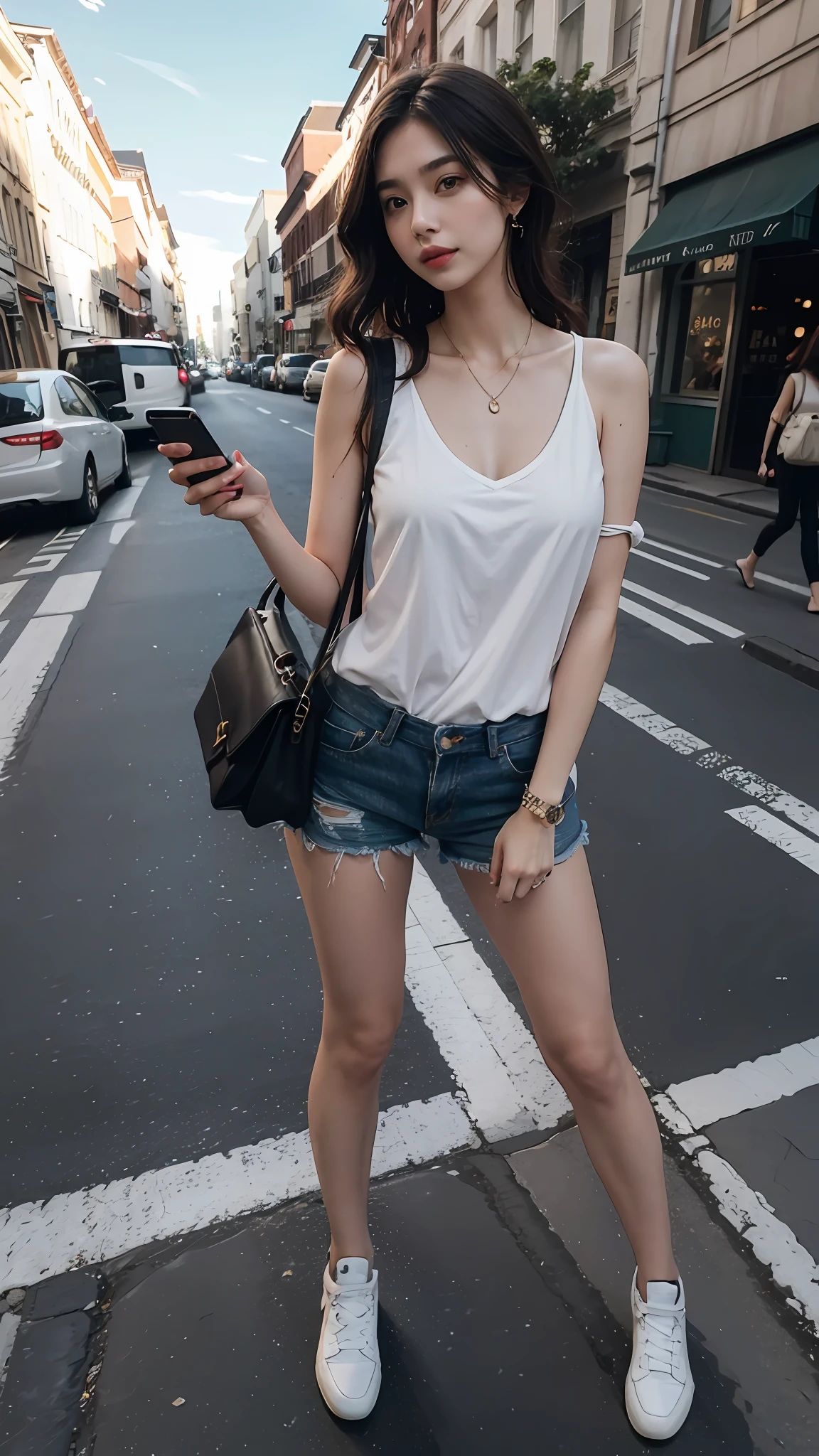Beautiful woman, fiddling with cell phone in the middle of the street, short clothes