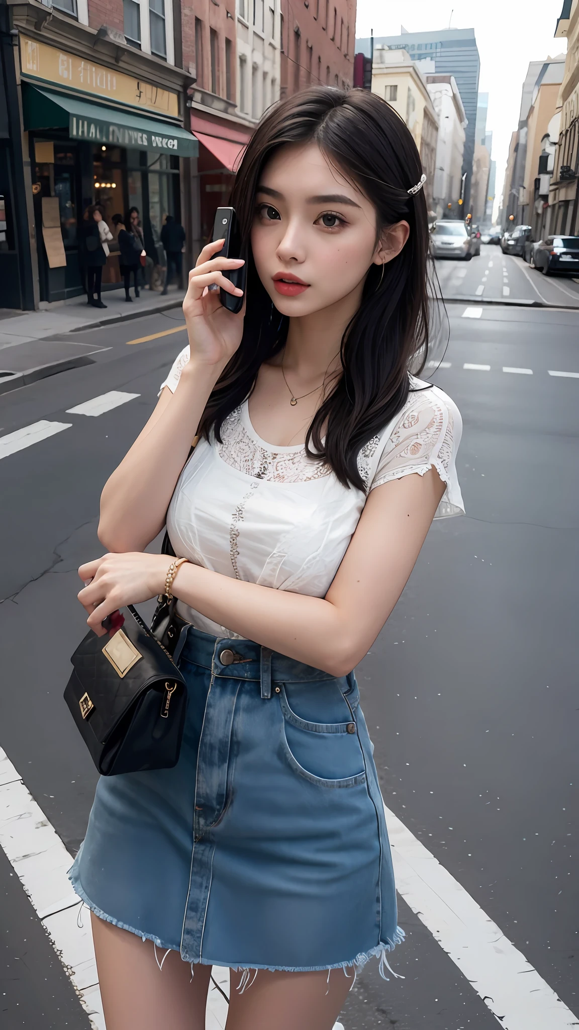 Beautiful woman, fiddling with cell phone in the middle of the street, short clothes