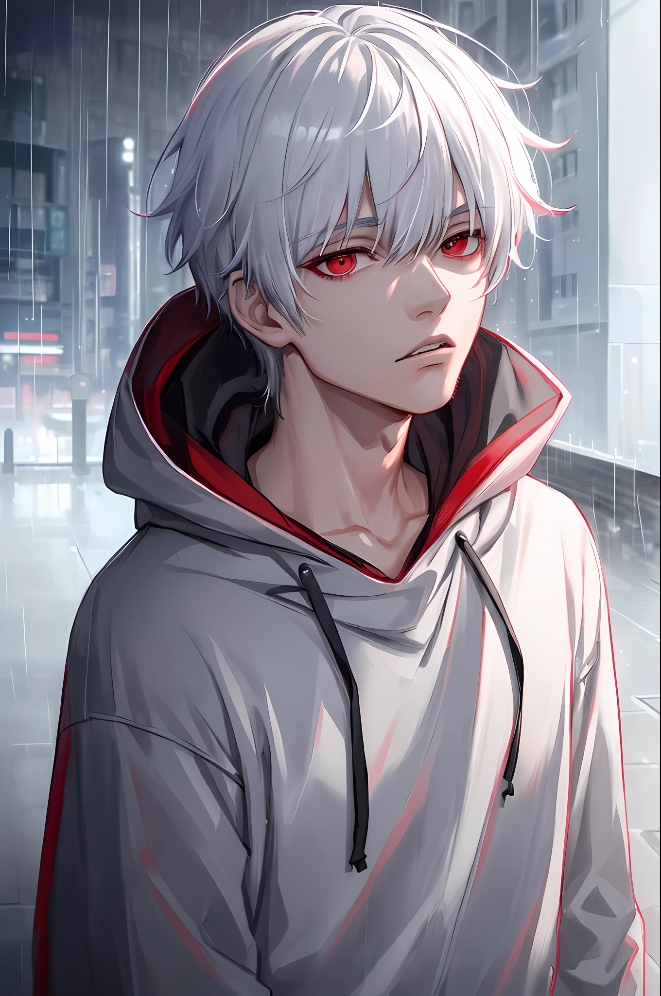 kk, best quality, more details, masterpiece, 1boy, kaneki ken, portrait, male focus, red eyes, solo, bangs, looking at viewer, hood, short hair, rain, tokyo tokyo \(city\), hood up, nail polish, white hair, luxurious, 8k, detailed, ray tracing, depth of field, cinematic lighting,