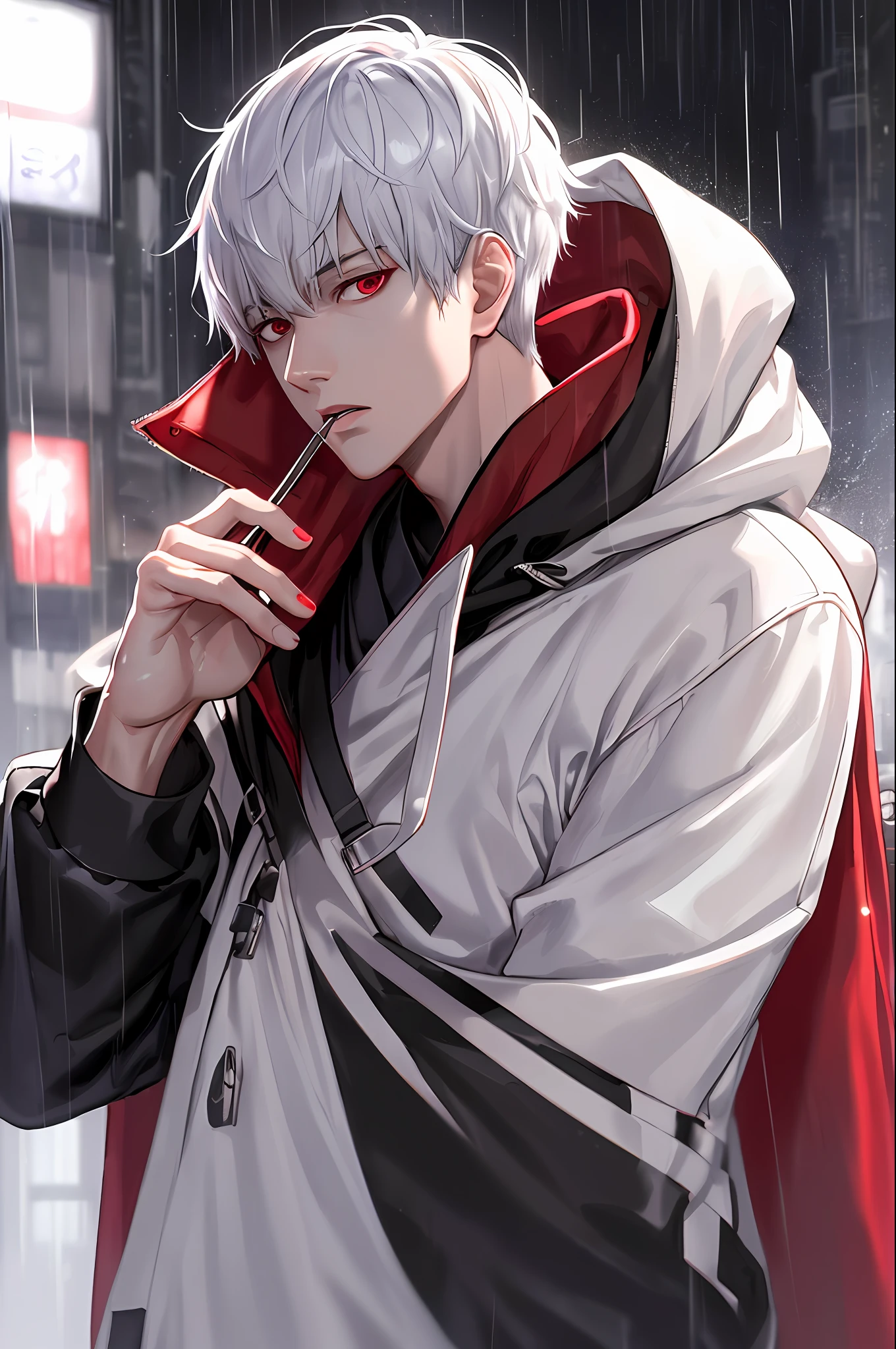 kk, best quality, more details, masterpiece, 1boy, kaneki ken, portrait, male focus, red eyes, solo, bangs, looking at viewer, hood, short hair, rain, tokyo tokyo \(city\), hood up, nail polish, white hair, luxurious, 8k, detailed, ray tracing, depth of field, cinematic lighting,