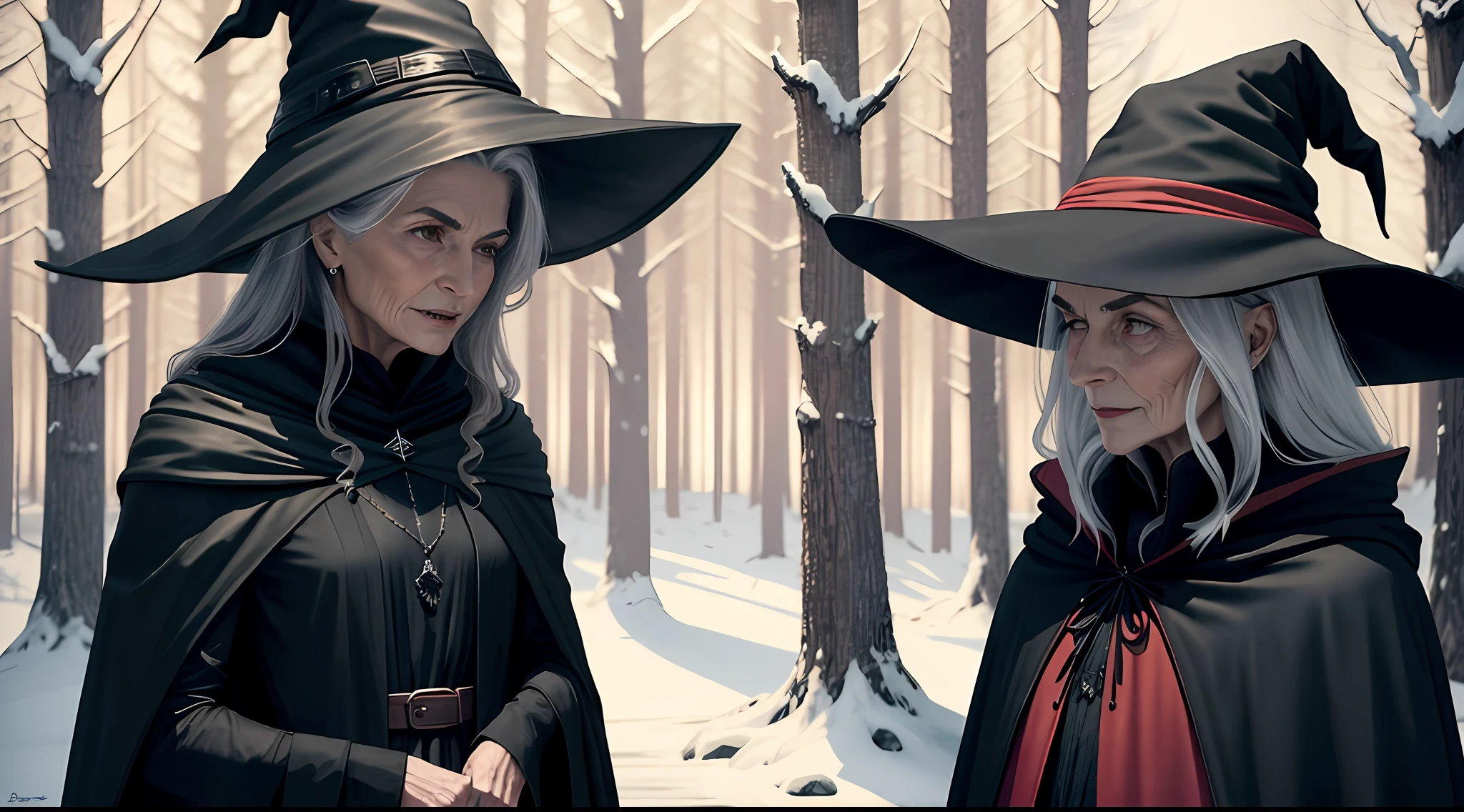An 80-year-old witch wears a black cloak，pointy nose，wearing black witch hat,Talking to a 15-year-old girl in a red cape，A wolf is next to the girl，at a forest