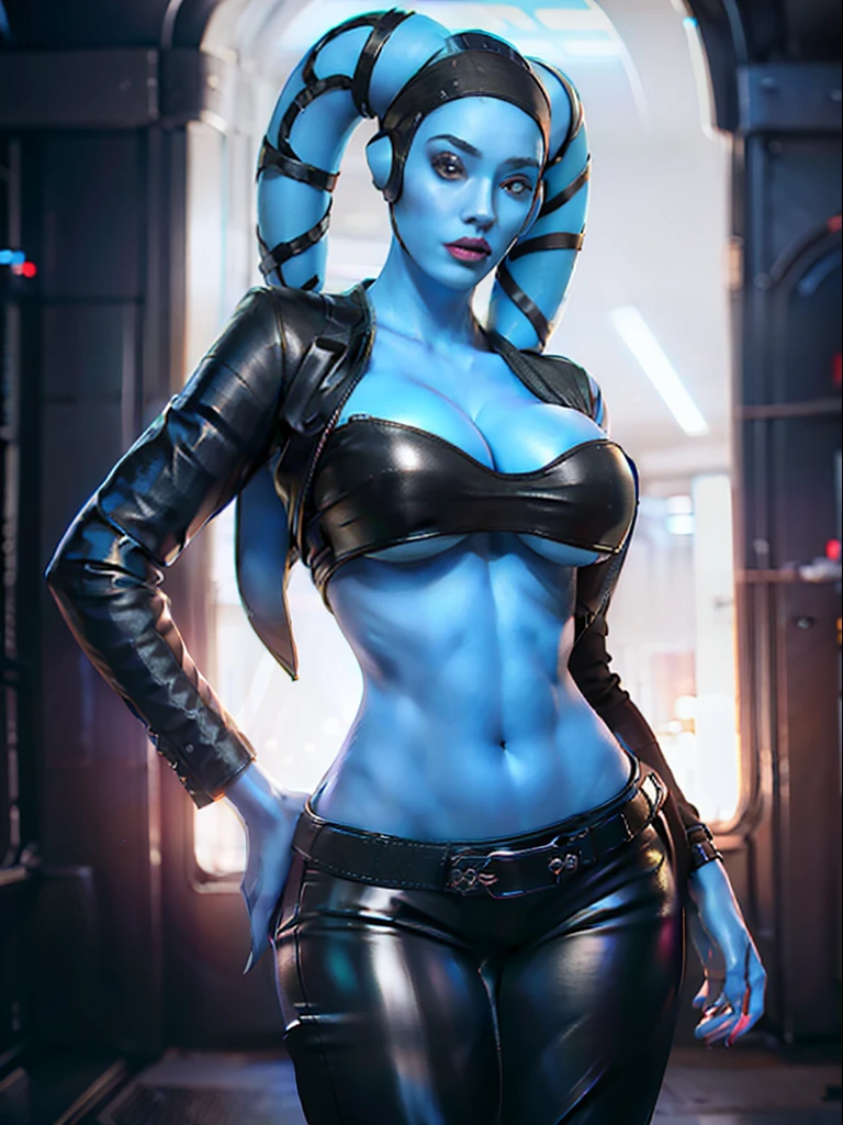 (((blue skin)), twi'lek), standing, hand on hip, (wearing black jacket, tube top, black trousers, black pants, tight pants, long boots, ((busty), slender body, thin, slim sexy body, slim waist, huge breasts), Imperial starship, Star Wars,