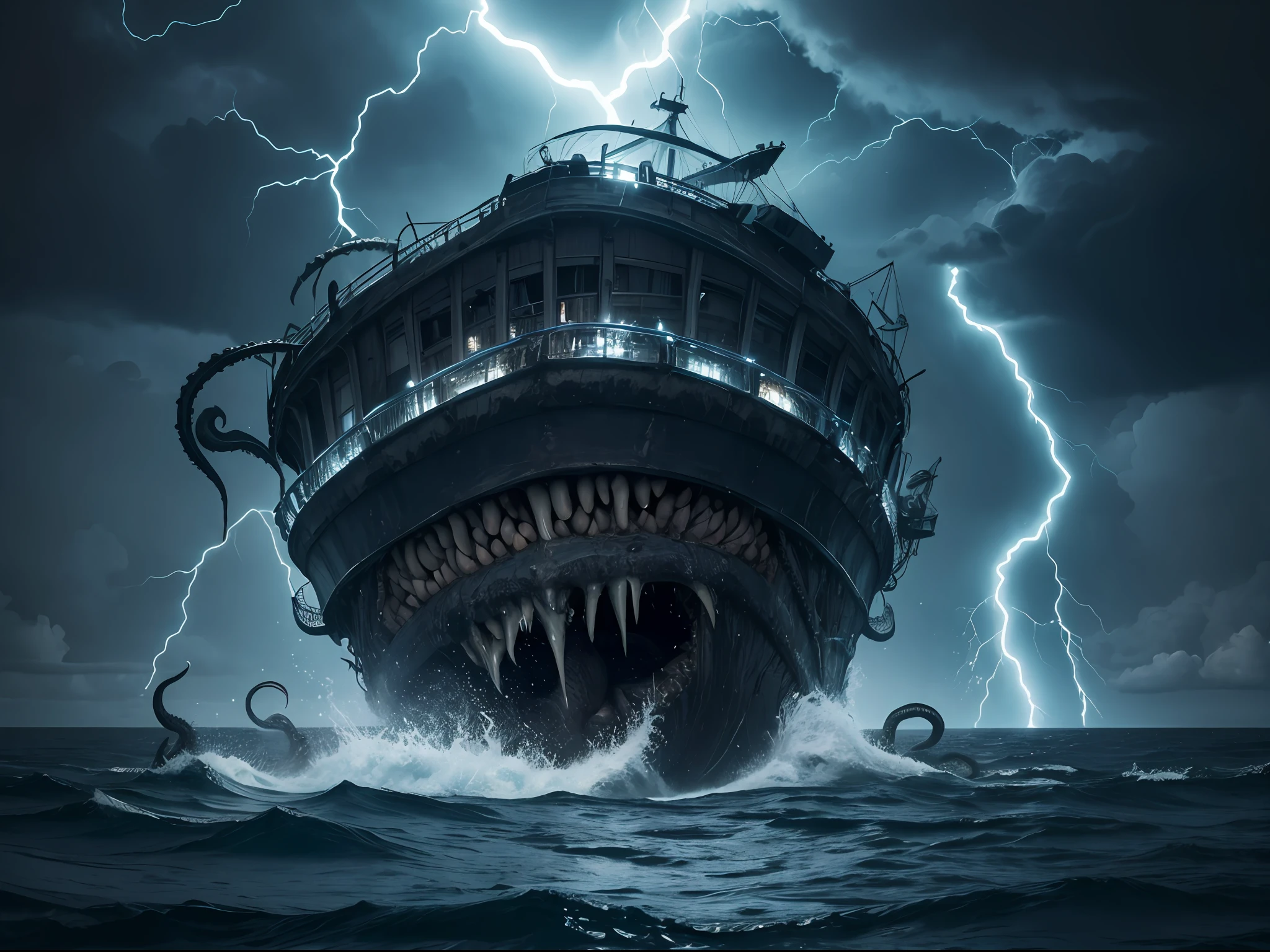 A terrifying kraken emerges from the depths of the ocean, its gigantic body wrapped in twisted tentacles. El barco de pesca lucha por mantenerse a flote mientras las olas se agitan violentamente. The darkness of the night is illuminated by the flash of lightning, revelando la magnitud del terror que se desata.
