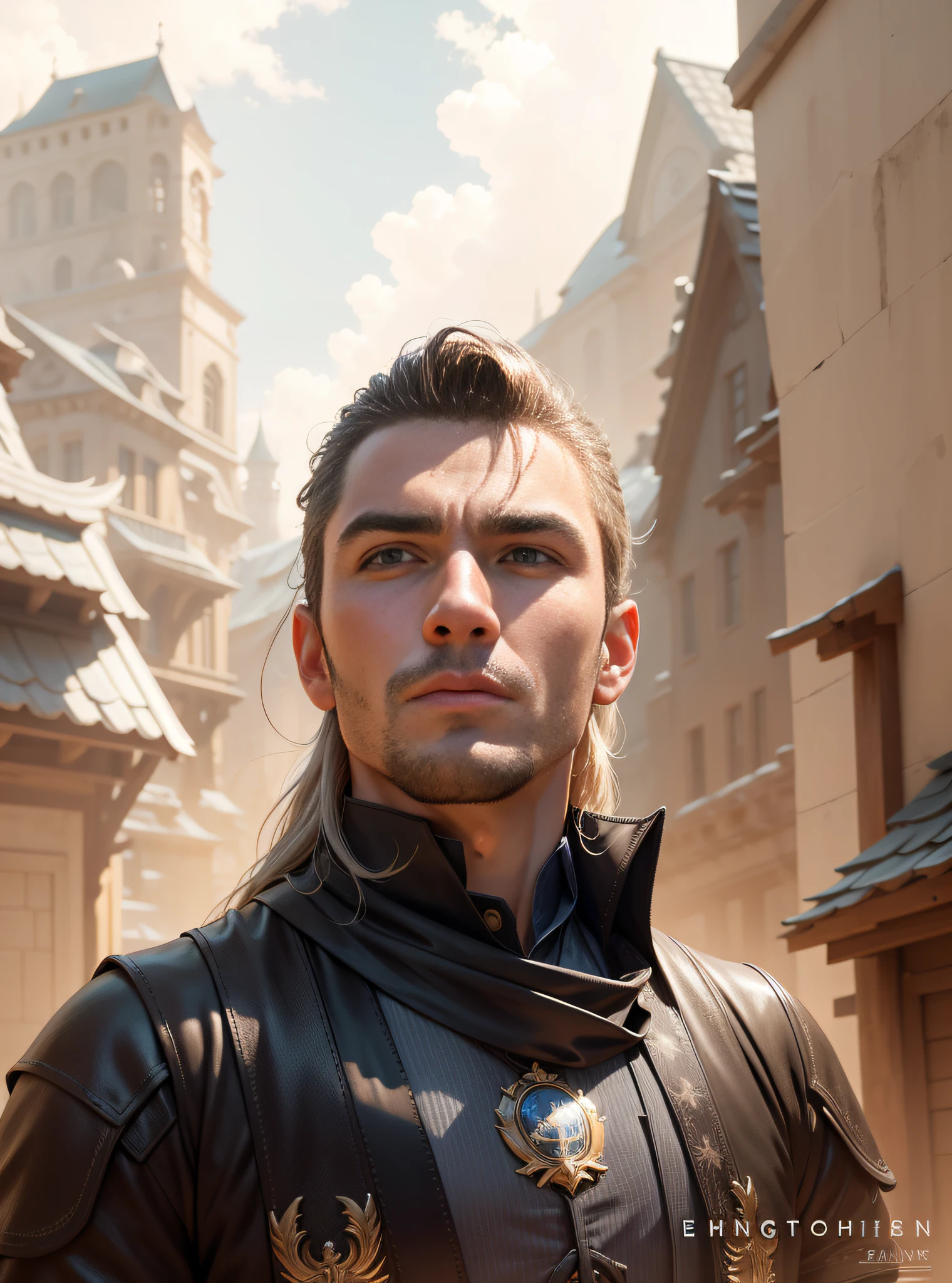 European and American men，Fantasyart，photographrealistic，The background is clear，An eagle flew by，Holding a Sony camera on his chest，动态照明，art  stations，poster for，Volumetriclighting，Very detailed faces，4 k''，Award-Awarded，，1人，in the darkness nigth，deep shading，low tune，Cowboy photos,(formal outfit:1.4),long whitr hair,whaite hair,Eye light ，Saturation deepens
