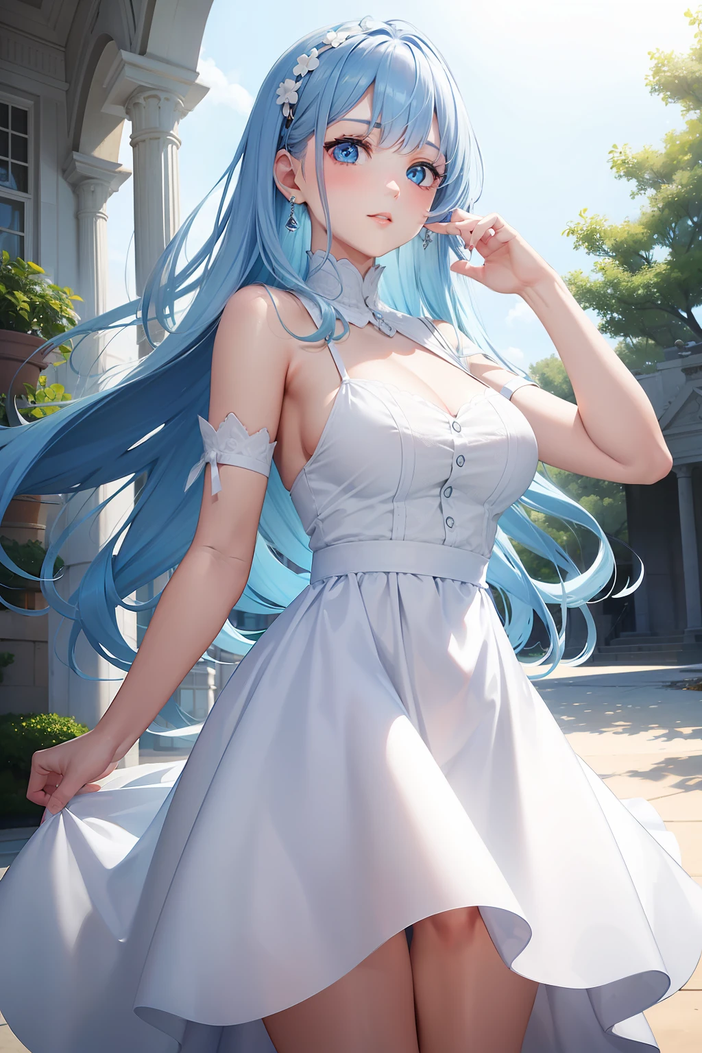 a women, blue hair, blue eyes, white dress