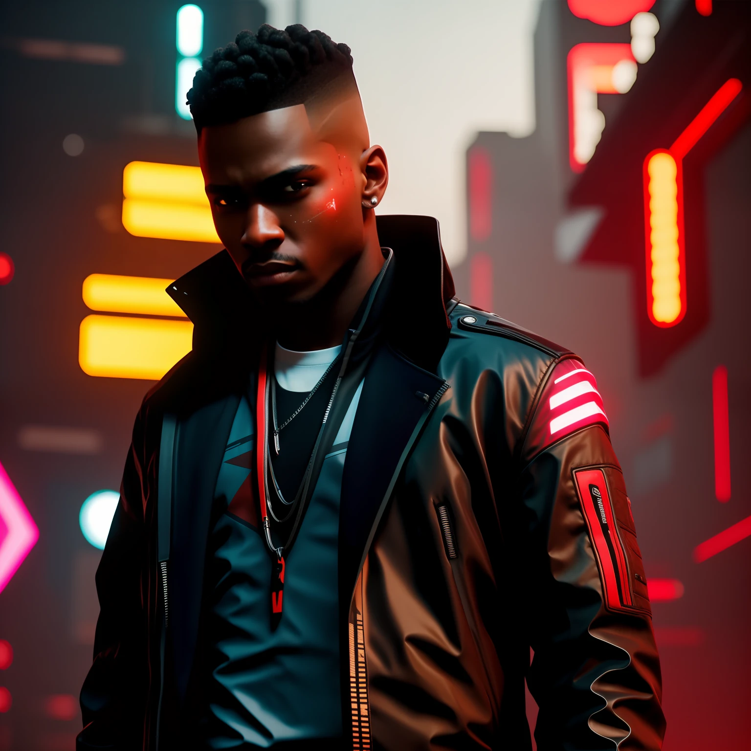 Young black boy with semi-shaved hair doing gradient, with serious expression on his face wearing black jacket with red details, estilo cyberpunk 2077