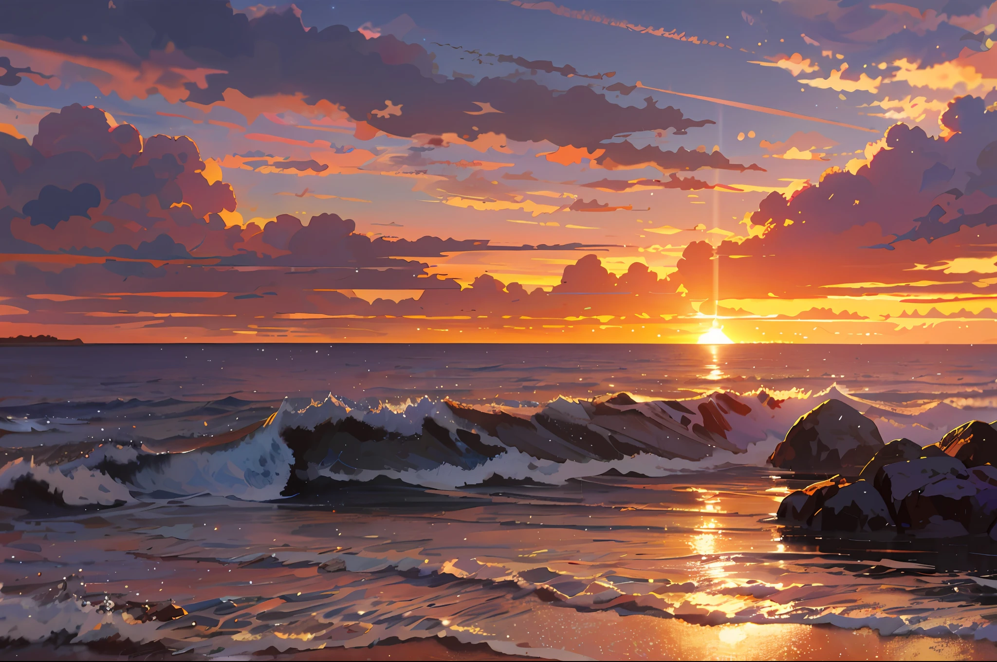 Paint a sunset over the ocean,Painting of waves crashing against the shore, author:Richard Seidron, beautiful digital painting, 8k resolution digital painting, 8 k resolution digital painting, Gorgeous digital painting, author:Alexander Kucharisky, author:Sylvain Salair, 4k highly detailed digital art, Detailed painting 4 K, Beautiful art UHD 4 K, stunning digital painting