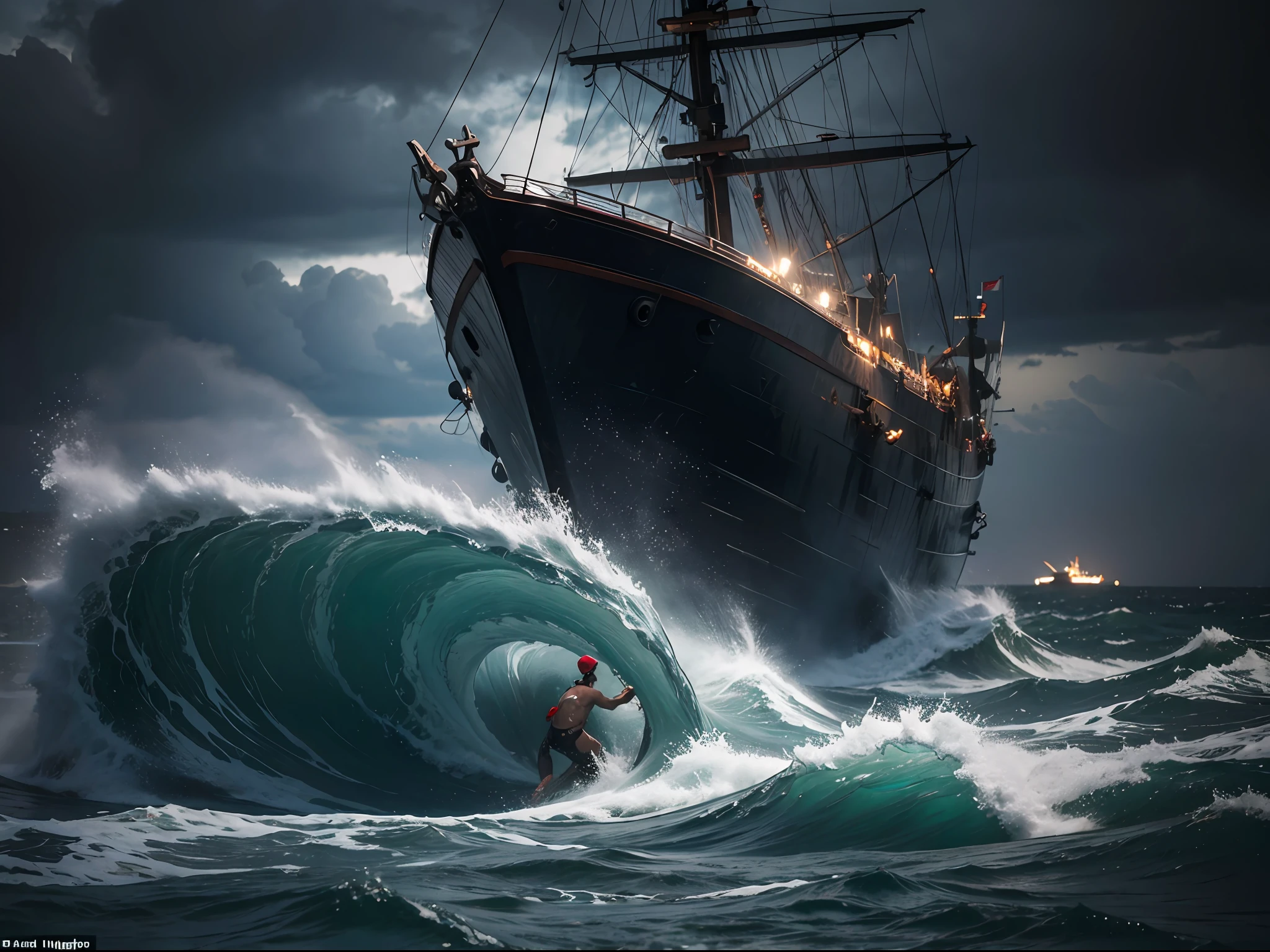"A kraken attacking a 2003 fishing boat in the middle of a brutal storm, con olas gigantes y rayos iluminando el cielo oscuro."