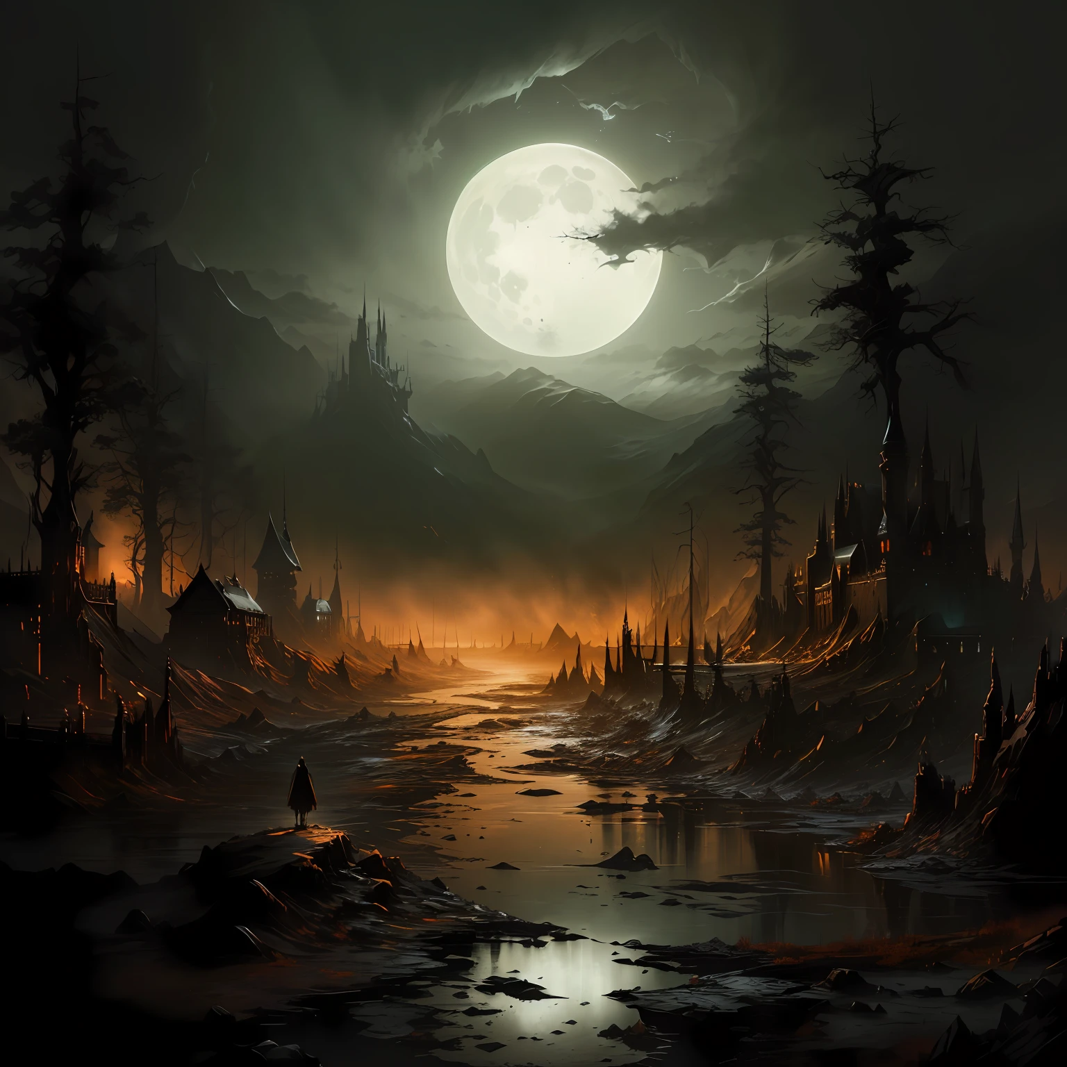 painting of a dark landscape with a full moon and a river, grimdark matte fantasy painting, dark fantasy style art, 4k highly detailed digital art, dark fantasy artwork, dark but detailed digital art, dark fantasy landscape, dark fantasy concept art, dark fantasy art, dark fantasy digital art, 4k hd matte digital painting, dark fantasy environment, inspired by Andreas Rocha