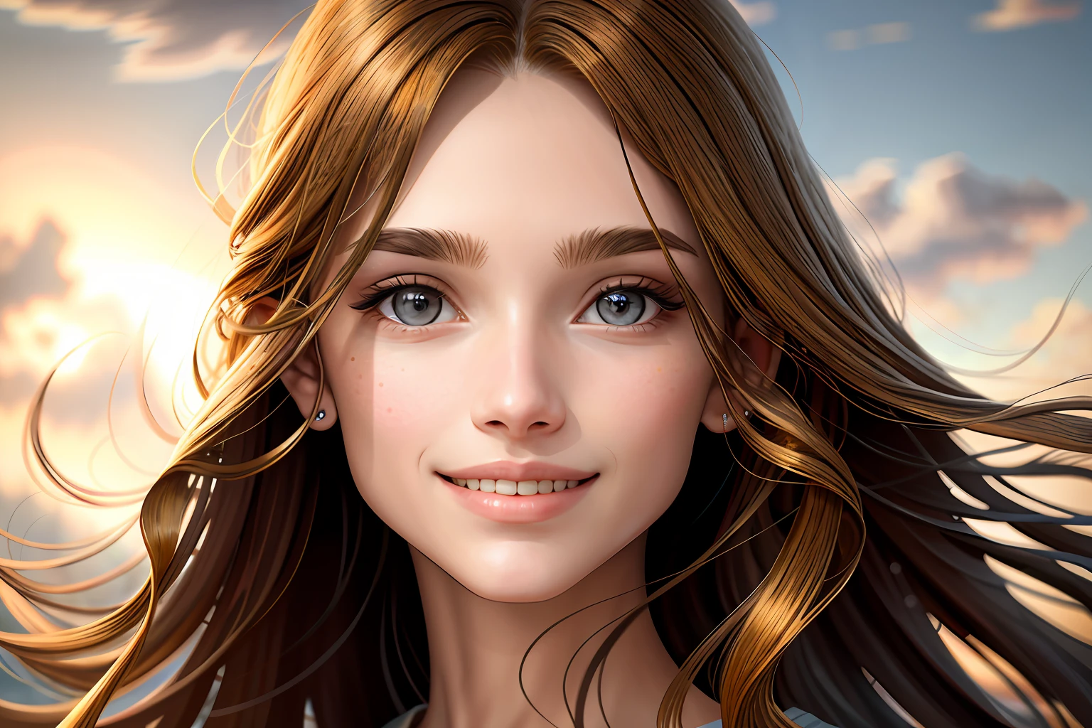 woman's face，long Brond Hair，ssmile，（tmasterpiece，best qualtiy，ultra - detailed，A high resolution，A detailed：1.2）run