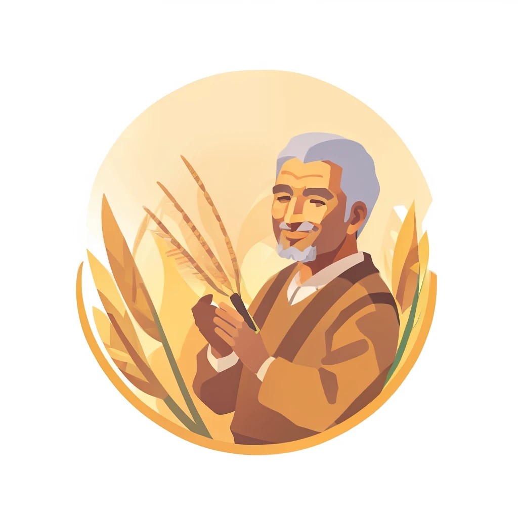 An old grandfather,It's farmers,Holding the ear of wheat,Golden yellow wheat field on background,Expression bliss ,Generate icons