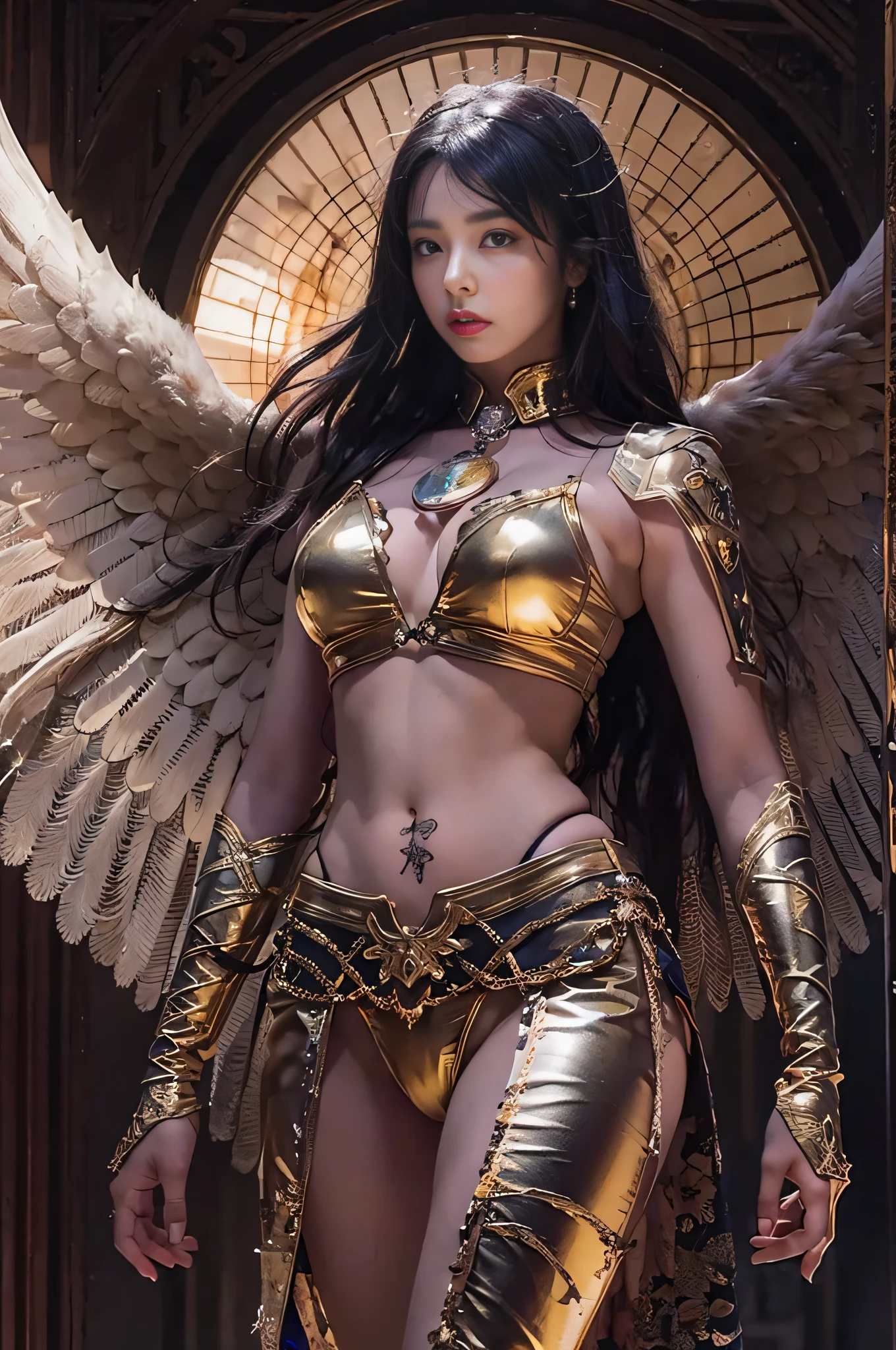 {Stunning female Egyptian angel}, Luminous Studio graphics engine, goth Renaissance, long black hair with golden stripes,、Ether Gold Iris, skin tanned, gold, Ray tracing, Full lips, {Defined eyebrows}, crystalline, Glitter, Detailed background of the desert, White uniform, Sharp Focus,no-bra、Watch straight viewers、Perfect and accurate anatomy, perfectly proportions、Pretty curvaceous、爆乳、Tight waist、big butts、Trained thighs、Extremely detailed illustration, Approaching perfection, Dynamic, Intricate details, Ultra high definition, 8K resolution, Glamour, glimmer, Ethereal, {art by:ayami kojima}, {Fine Art:Heisei}, art stations, Aesthetic, Gothic, Lace, Concept art, Unevenness of the skin、((Walk facing the front:1.5))、Cowboy Shot、 Dreamy, Back lighting, Fantastical, shadowy,