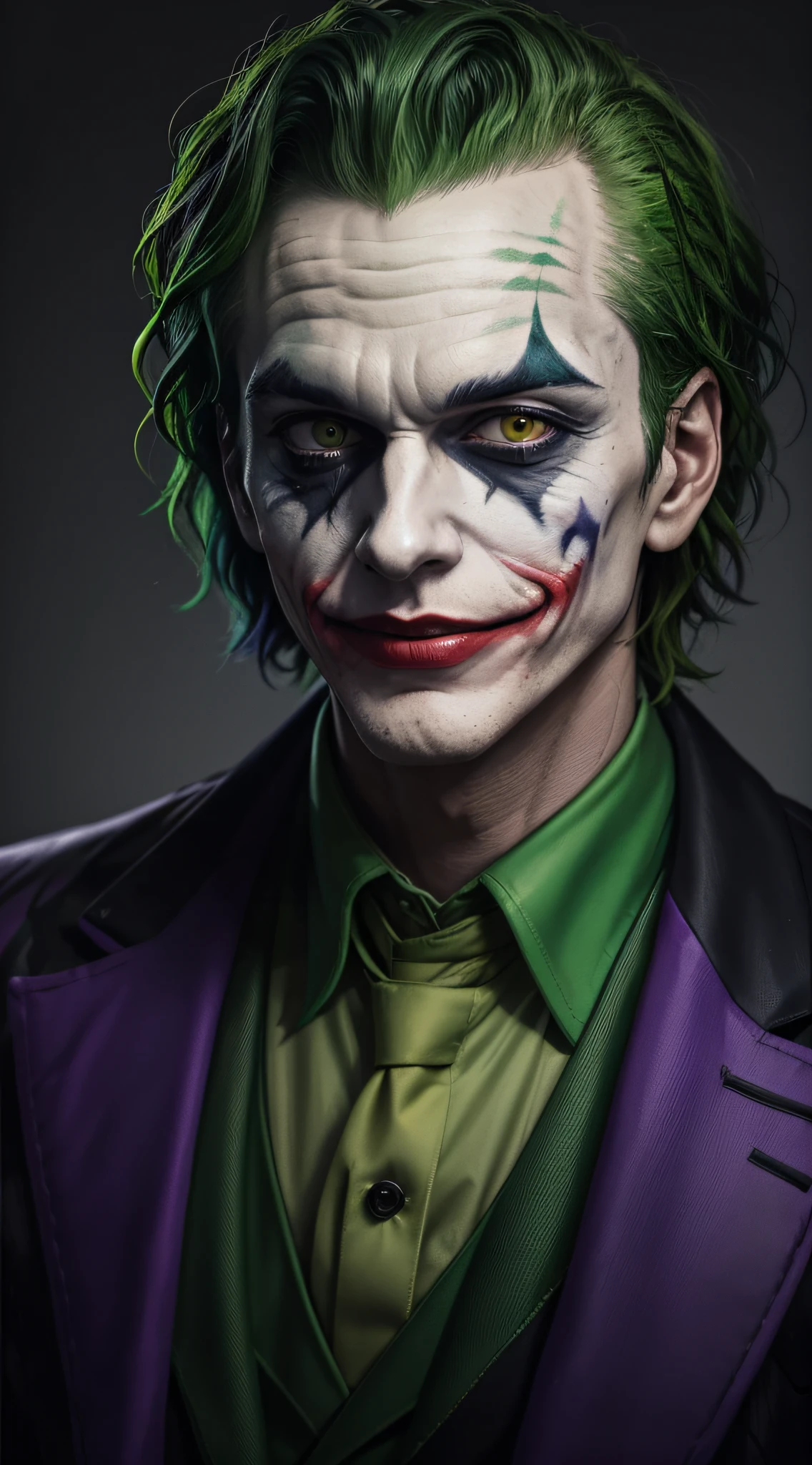 joker painting of a man with green hair and a yellow jacket, digital art by Nicholas Marsicano, reddit, digital art, portrait of joker, portrait of the joker, portrait of a joker, the joker, joker, from joker (2019), #1 digital painting of all time, # 1 digital painting of all time, film still of the joker