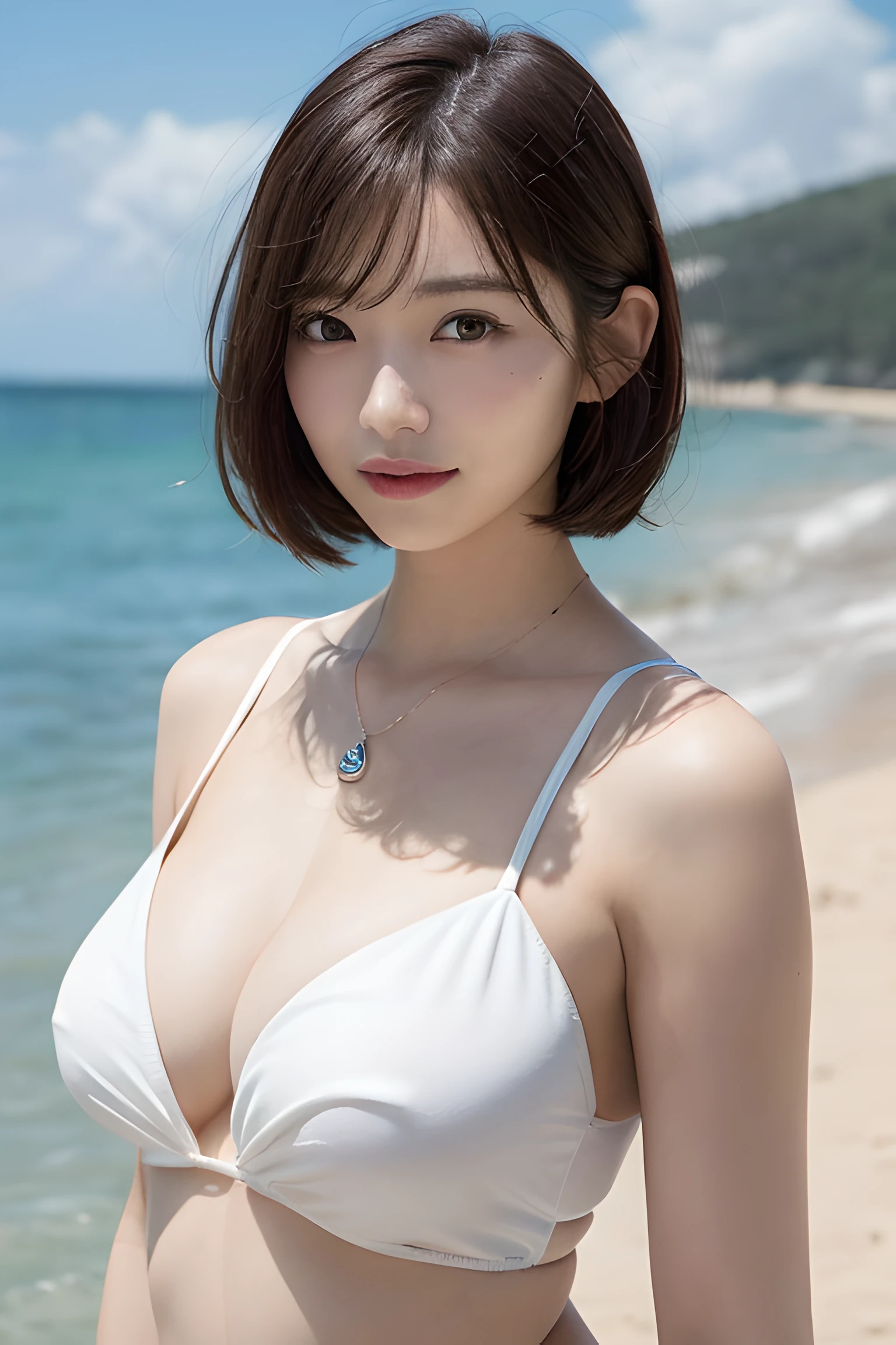 (top-quality、hight resolution、​masterpiece:1.3)、Tall and cute woman、large full breasts、Dark brown hair styled in loose waves、breastsout、Wearing a pendant、a white bikini、(Coast in the background)、Details exquisitely rendered in the face and skin texture、Detailed eye、二重まぶた、light smile、full body、short cut hair、upper body