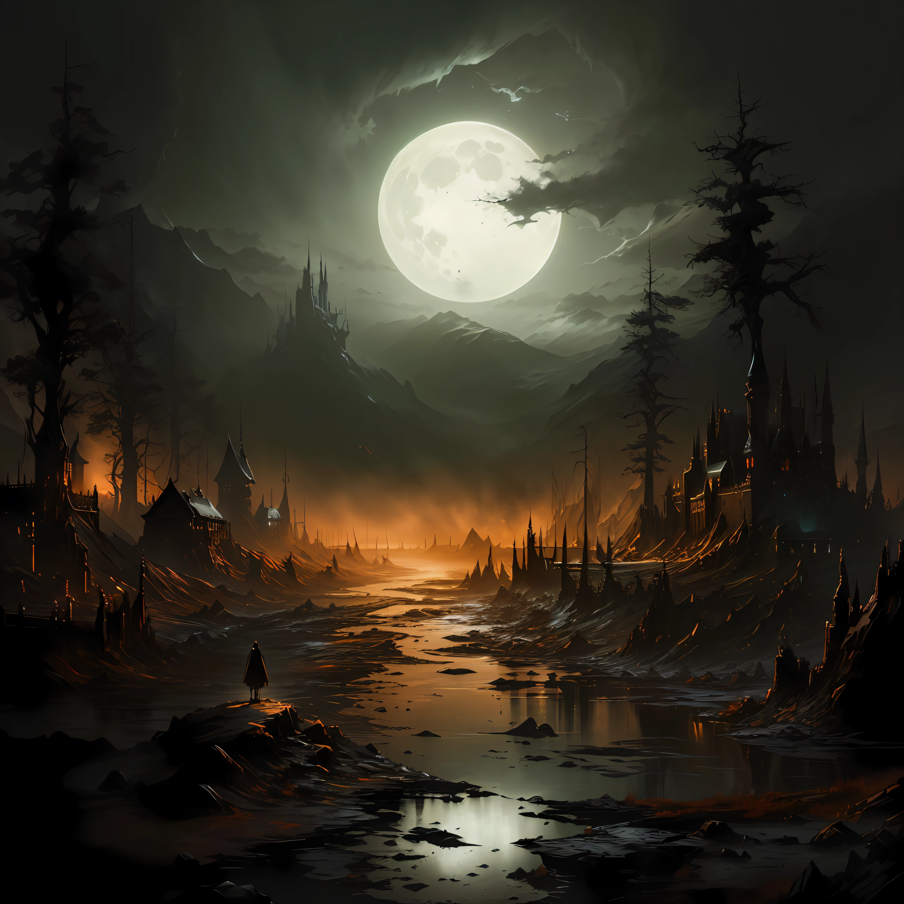 painting of a dark landscape with a full moon and a river, grimdark matte fantasy painting, dark fantasy style art, 4k highly detailed digital art, dark fantasy artwork, dark but detailed digital art, dark fantasy landscape, dark fantasy concept art, dark fantasy art, dark fantasy digital art, 4k hd matte digital painting, dark fantasy environment, inspired by Andreas Rocha
