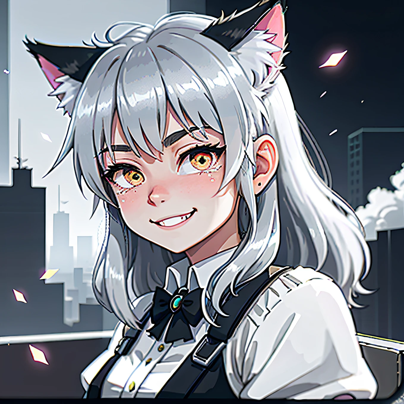 longeyelashes, fake animal ears, light smile, ear blush, fang, cat ears, smile, mole under eye, happy tears, silver hair, drop shadow, anaglyph, stereogram, tachi-e, pov, atmospheric perspective, anime style, anime, Romanticism, 8k, super detail, ccurate, best quality, 1080P, HD, 4K, 8k, 16k