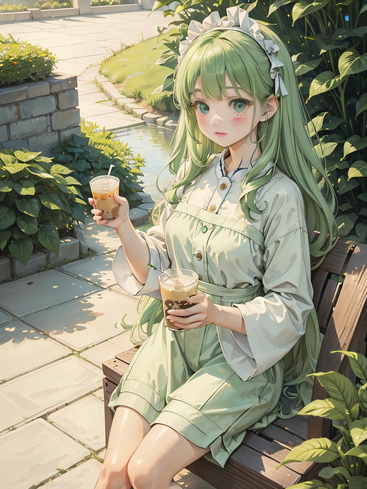 A young girl holding a cup of milk tea, in the style of Realism: Lifelike accuracy, Light green clothes，watered eyes,Light-colored hair，Disney  style， I can't believe how beautiful this is, Ultra photo realsisim，Clean picture