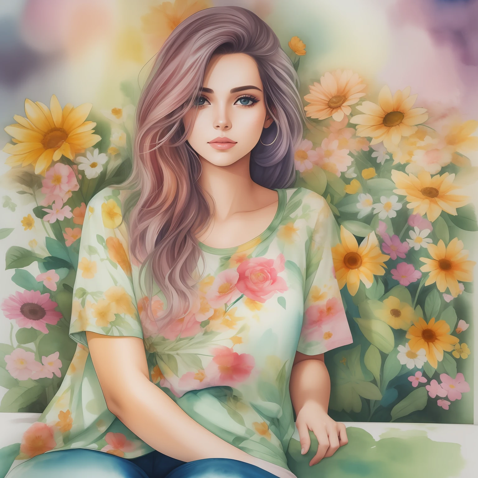 Pintura em aquarela de um mulher sentada em um banco com flores em volta ... mulher de vestindo  blusa  e saia ... cabelos cacheados ruivos