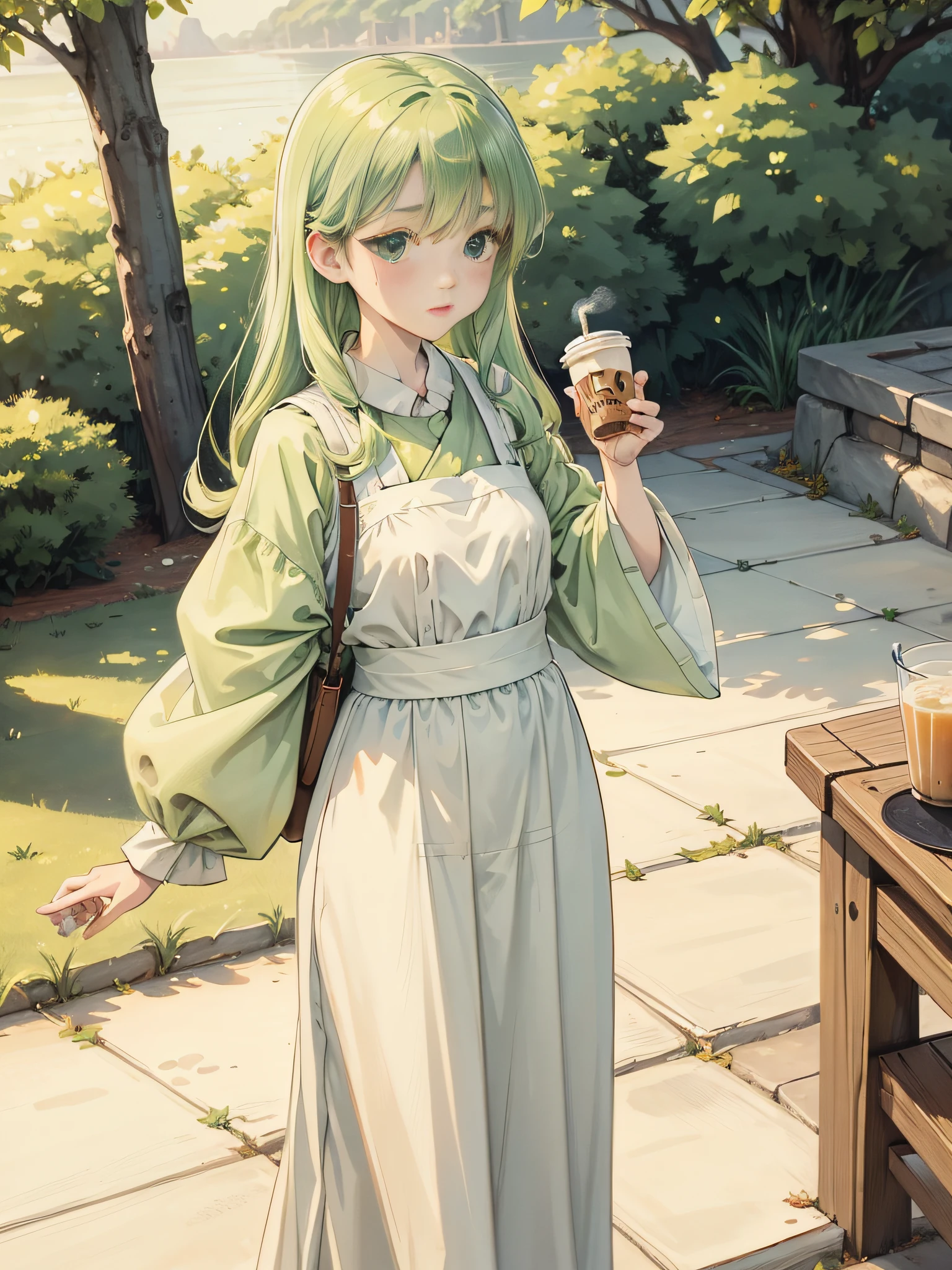 A young girl holding a cup of milk tea, in the style of Realism: Lifelike accuracy, Light green clothes，watered eyes,Light-colored hair，Disney  style， I can't believe how beautiful this is, Ultra photo realsisim，Clean picture
